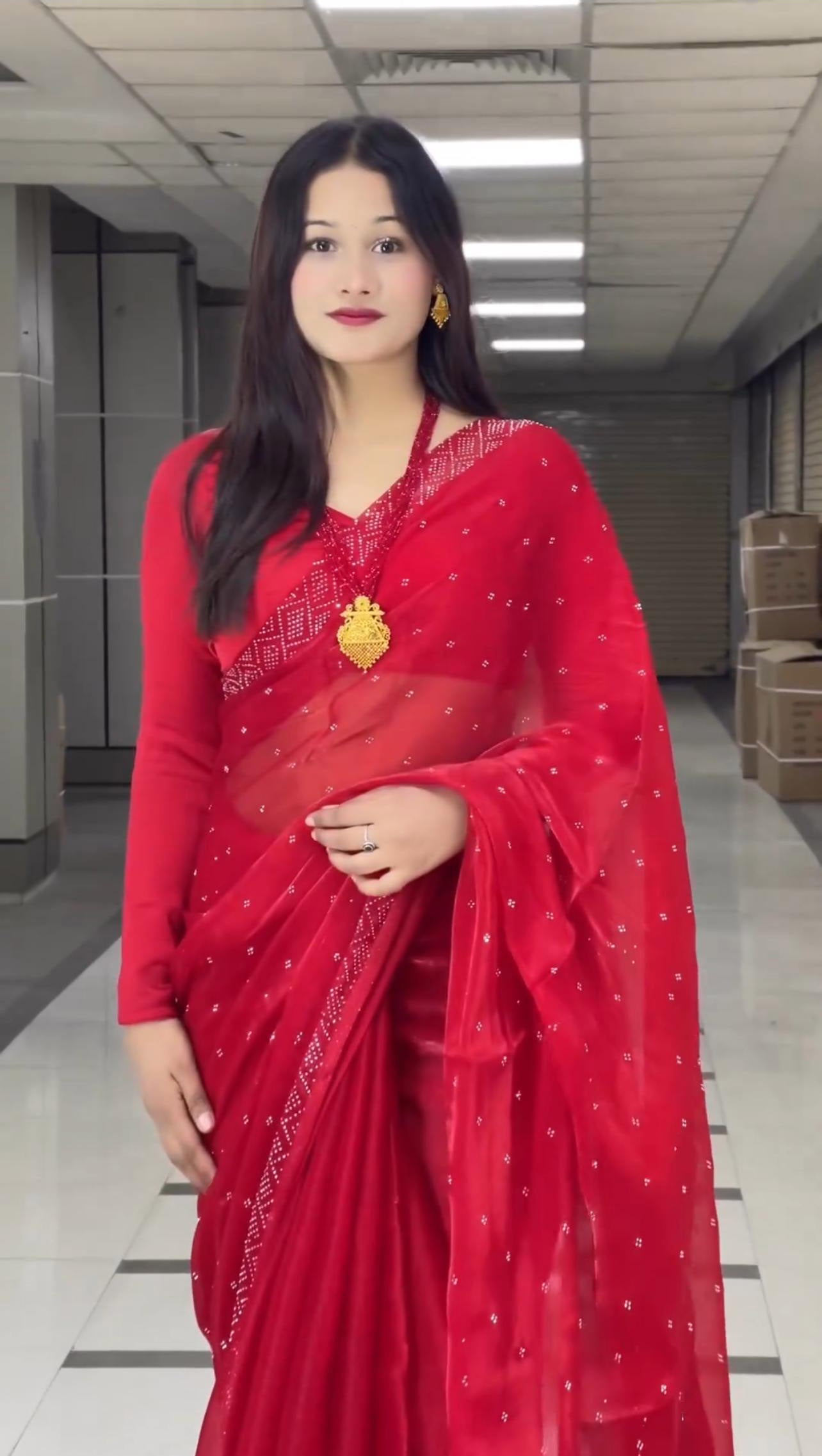 Amazing Red Color Work Festive Wear Saree
