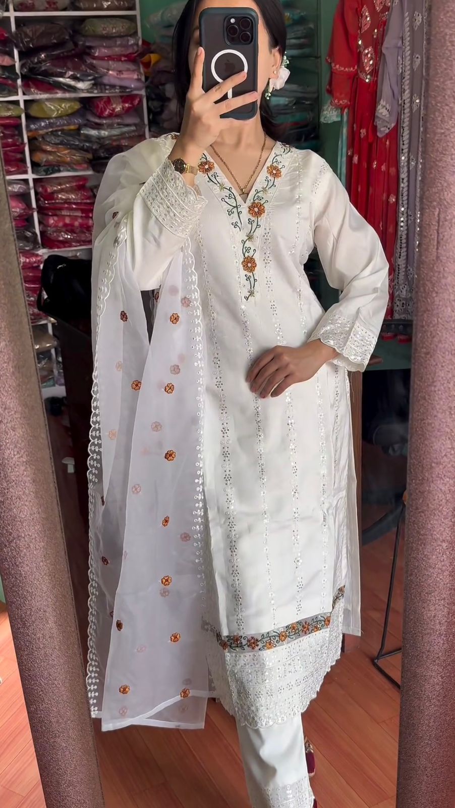 Trendy White Color Sequence Work Fully Stitched Kurti Set