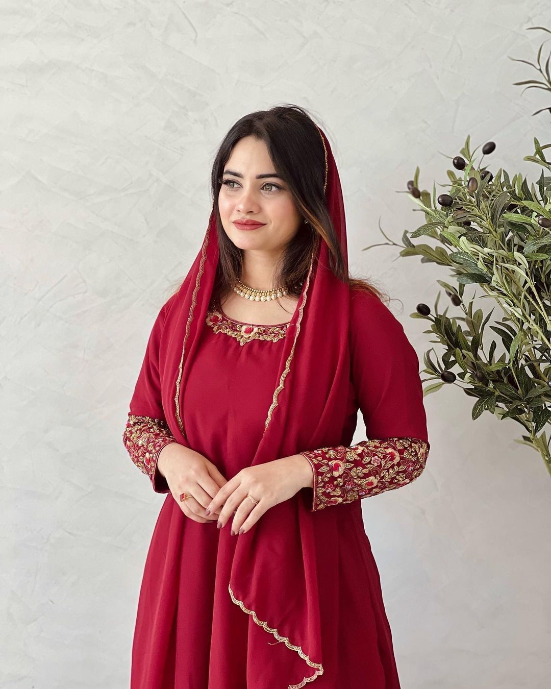 Plain Red Color Sleeve And Neck Work Anarkali Suit