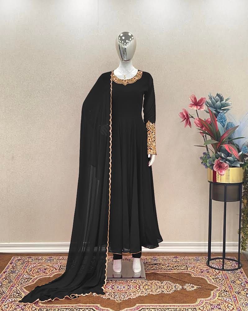 Plain Black Color Sleeve And Neck Work Anarkali Suit