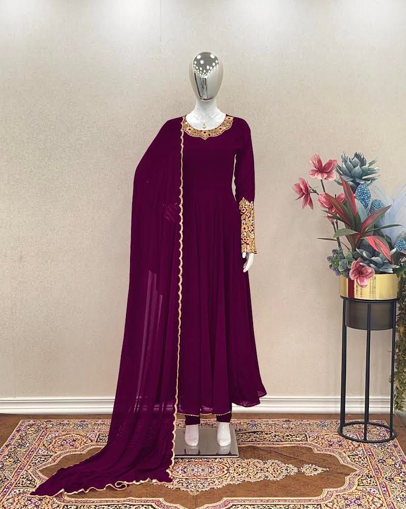 Plain Wine Color Sleeve And Neck Work Anarkali Suit