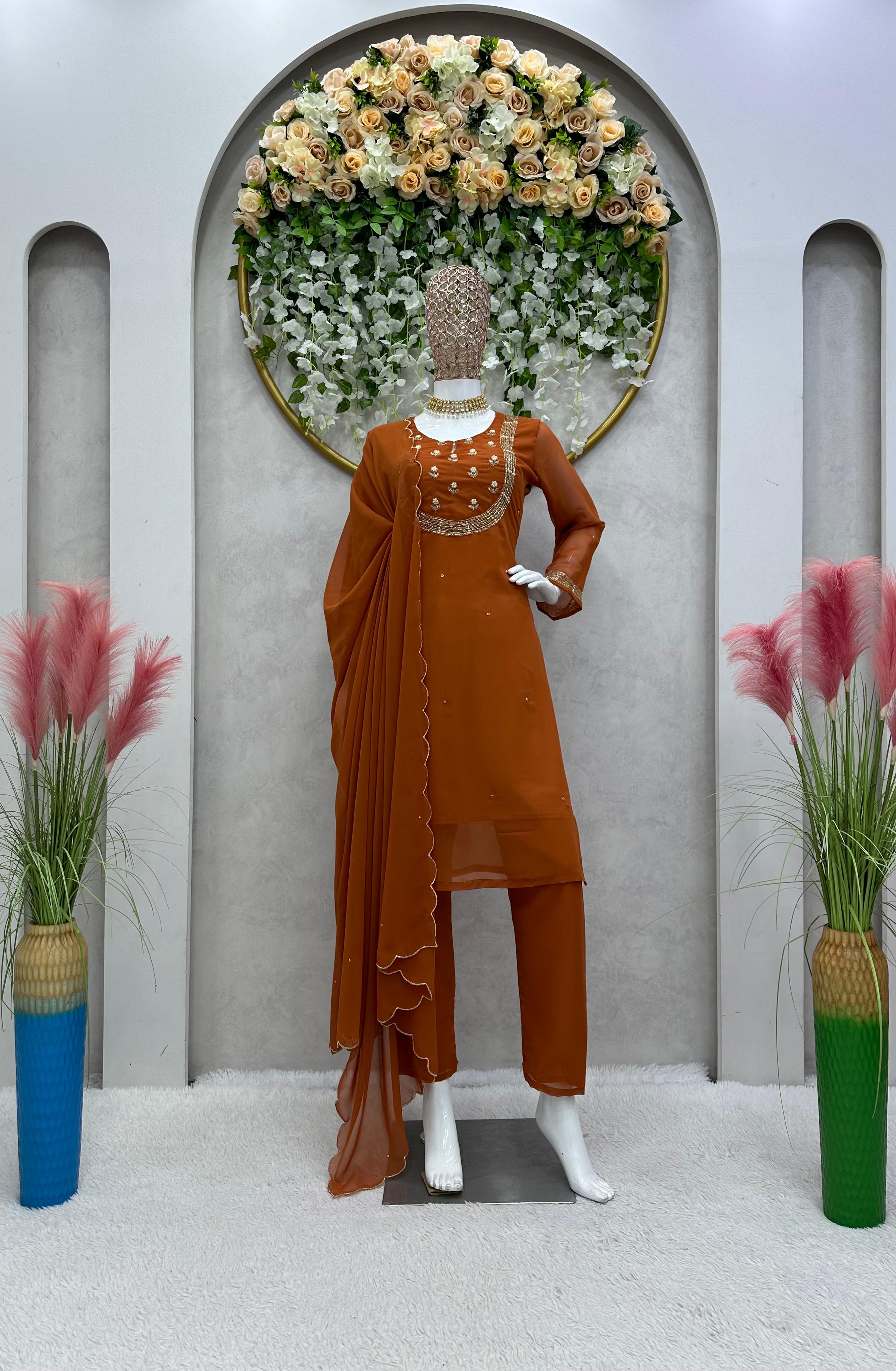 Stylish Brown Color Hand Work Kurti Pant With Dupatta