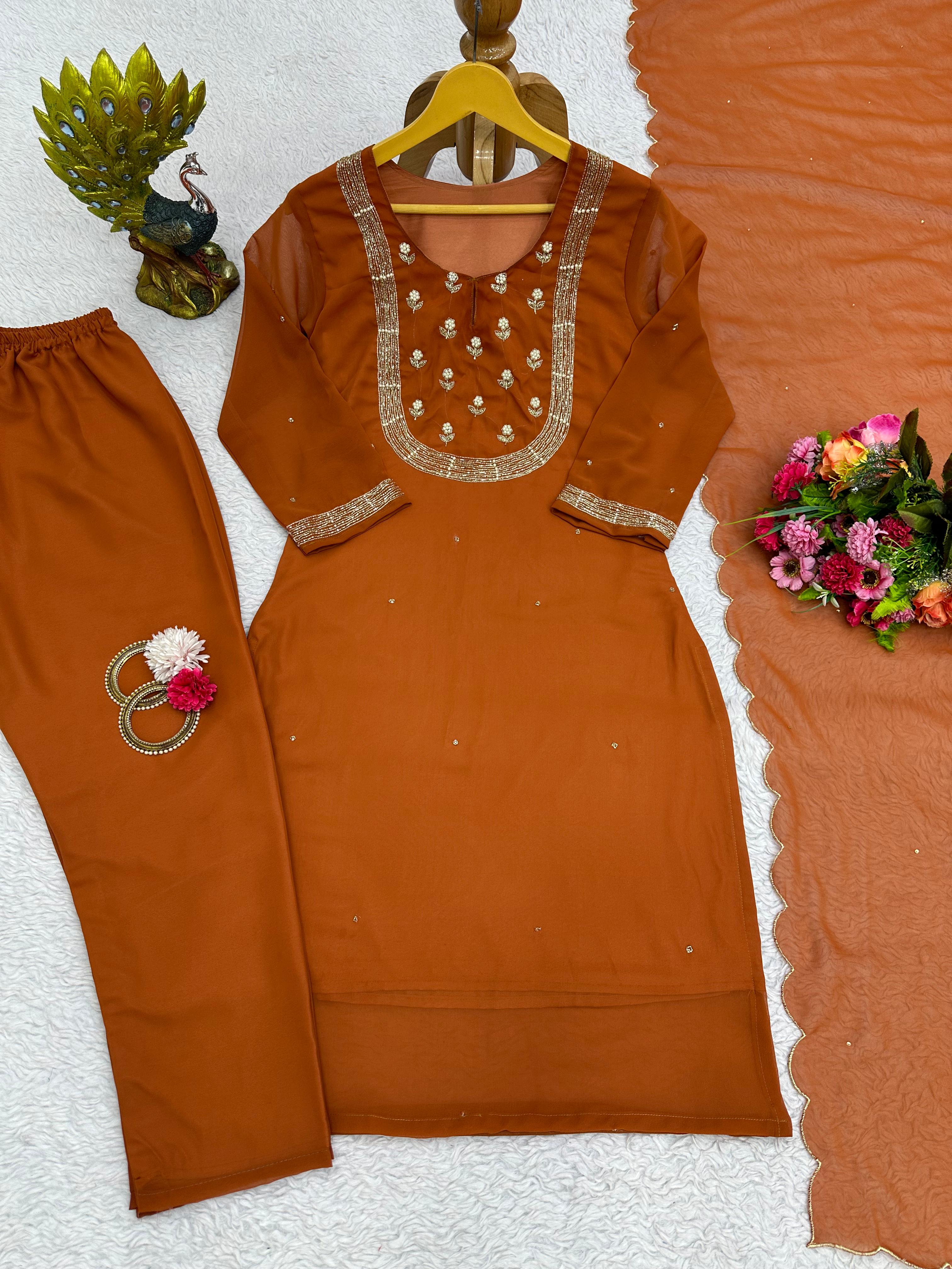 Stylish Brown Color Hand Work Kurti Pant With Dupatta