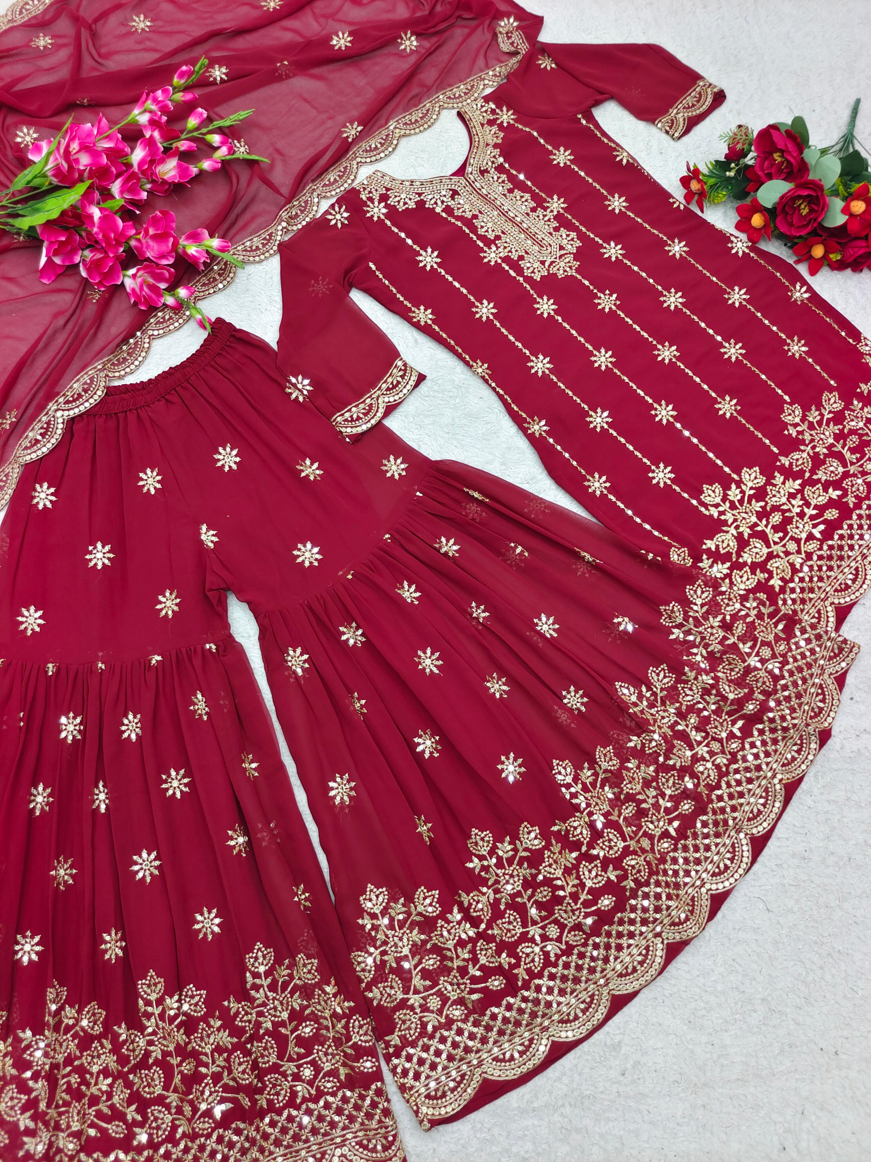 Festive Wear Maroon Color Embroidered Sharara Suit