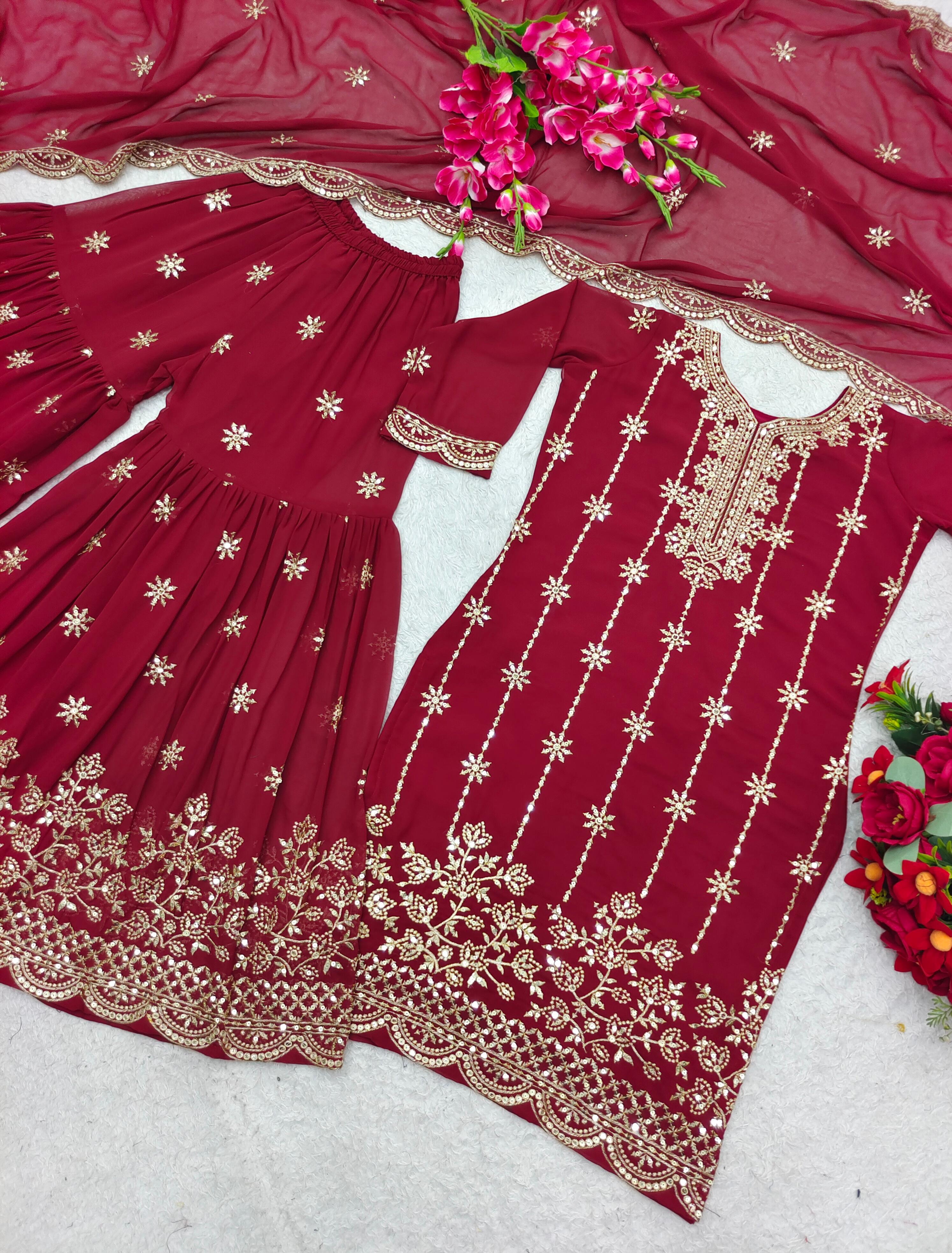 Festive Wear Maroon Color Embroidered Sharara Suit