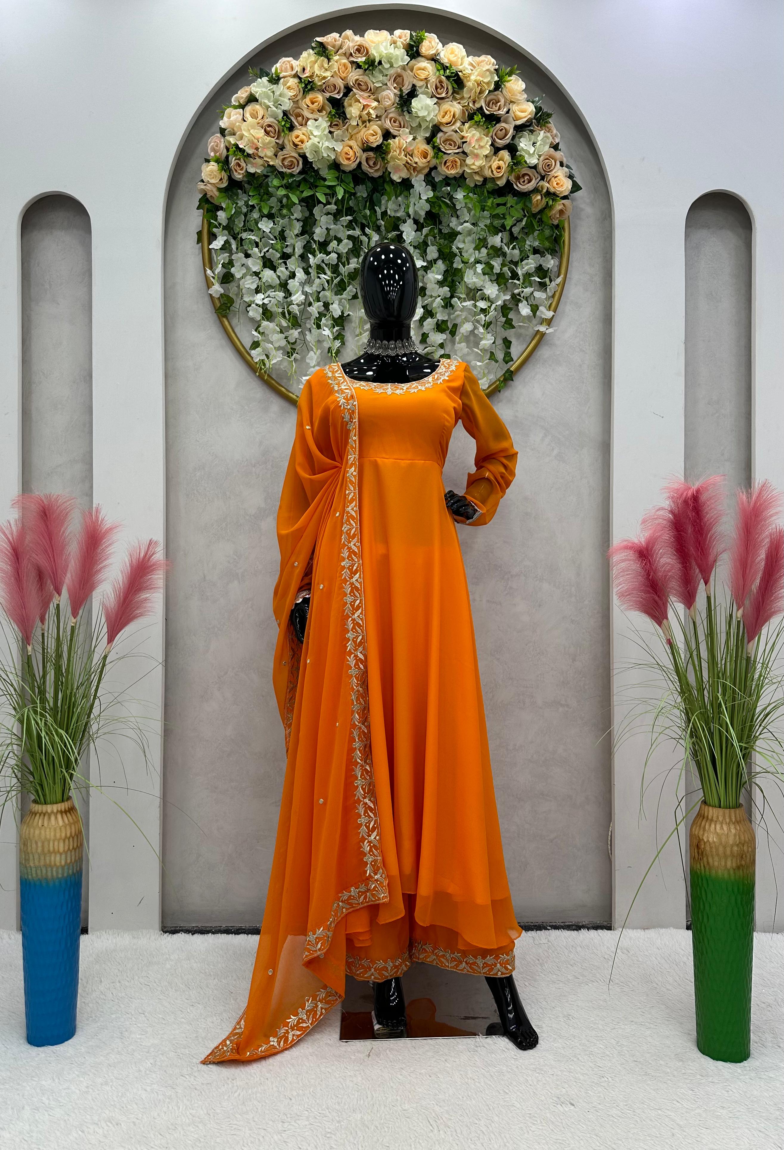 Presenting Thread Work Orange Georgette Anarkali Gown