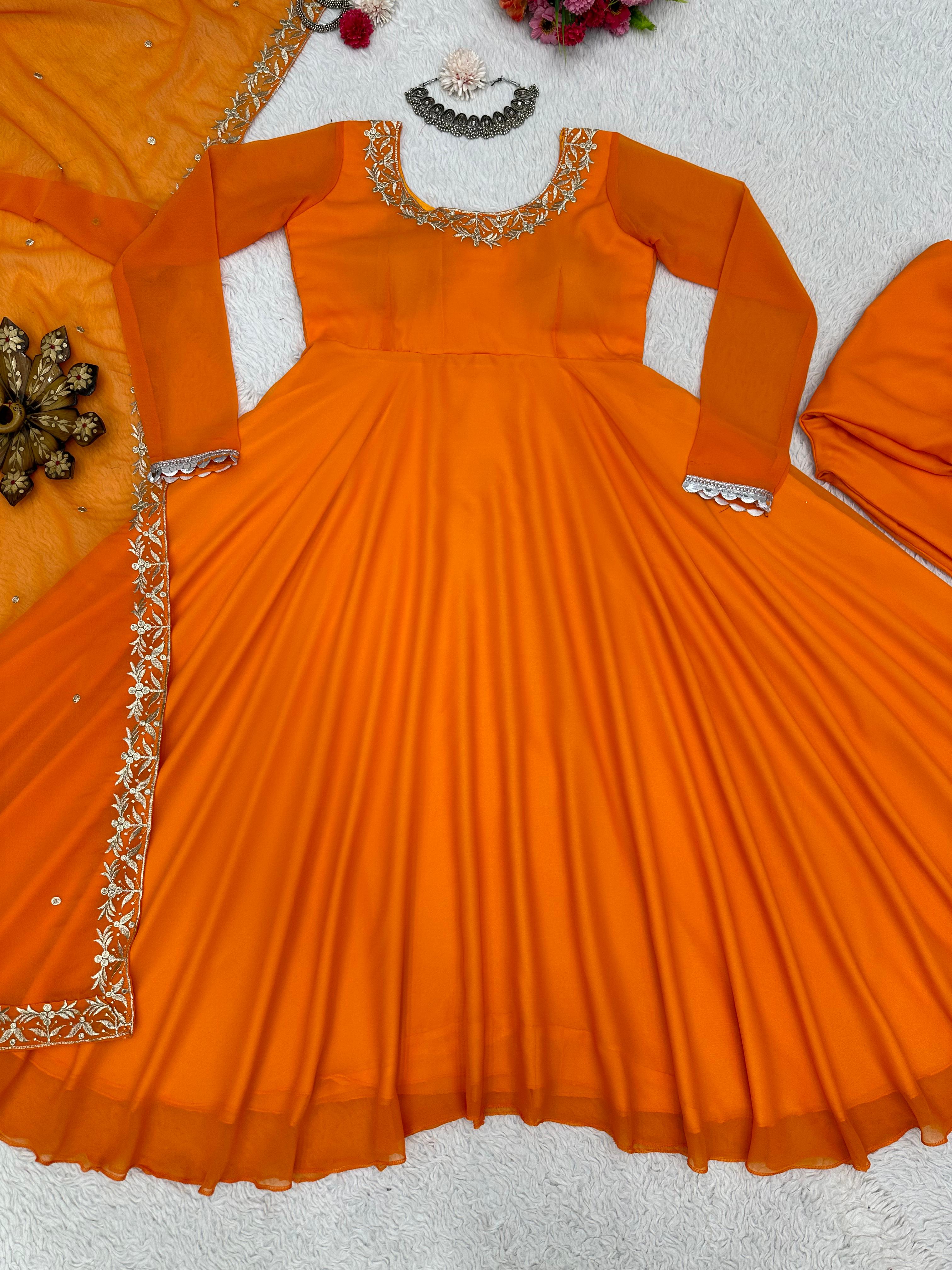 Presenting Thread Work Orange Georgette Anarkali Gown Amrutamfab