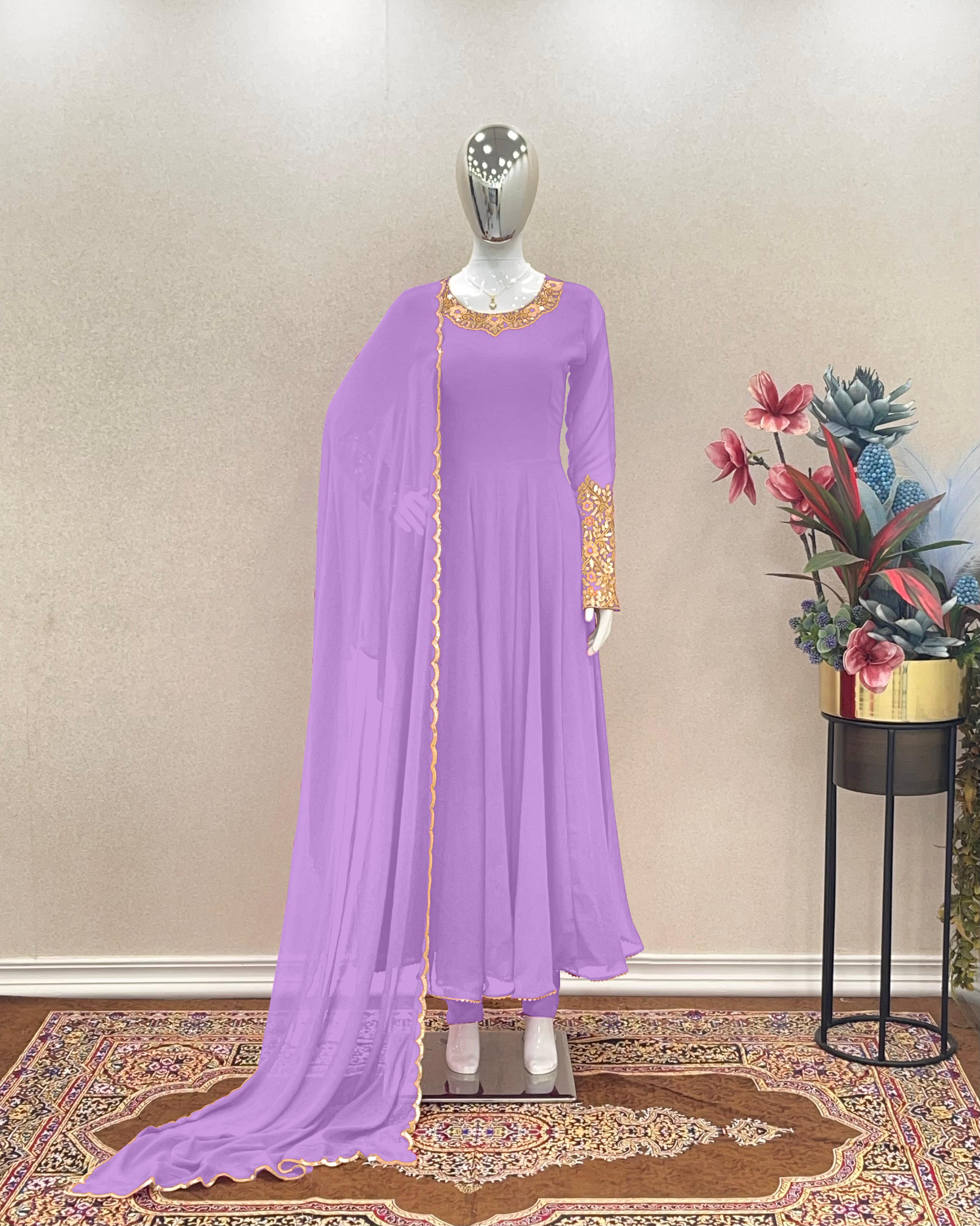 Plain Lavender Color Sleeve And Neck Work Anarkali Suit