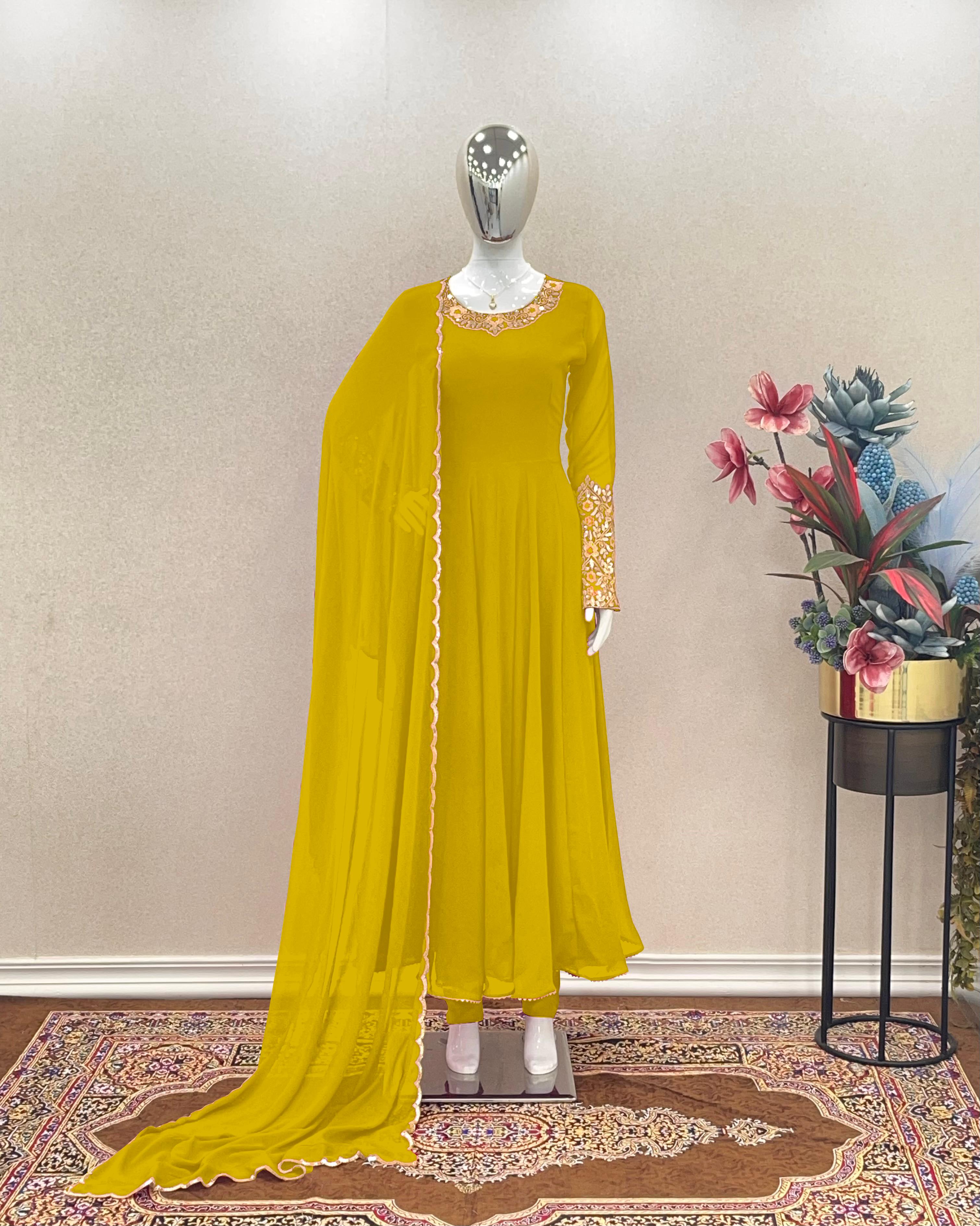 Plain Yellow Color Sleeve And Neck Work Anarkali Suit