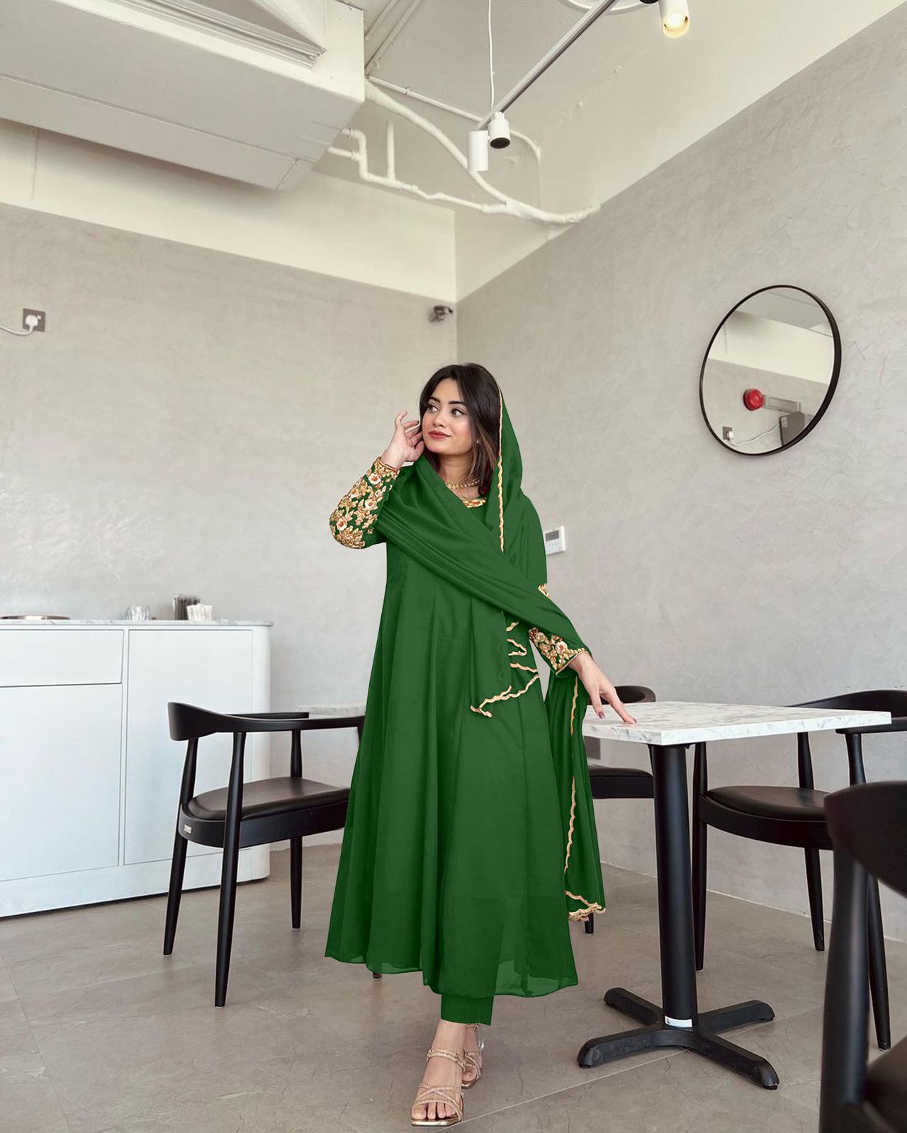 Plain Green Color Sleeve And Neck Work Anarkali Suit