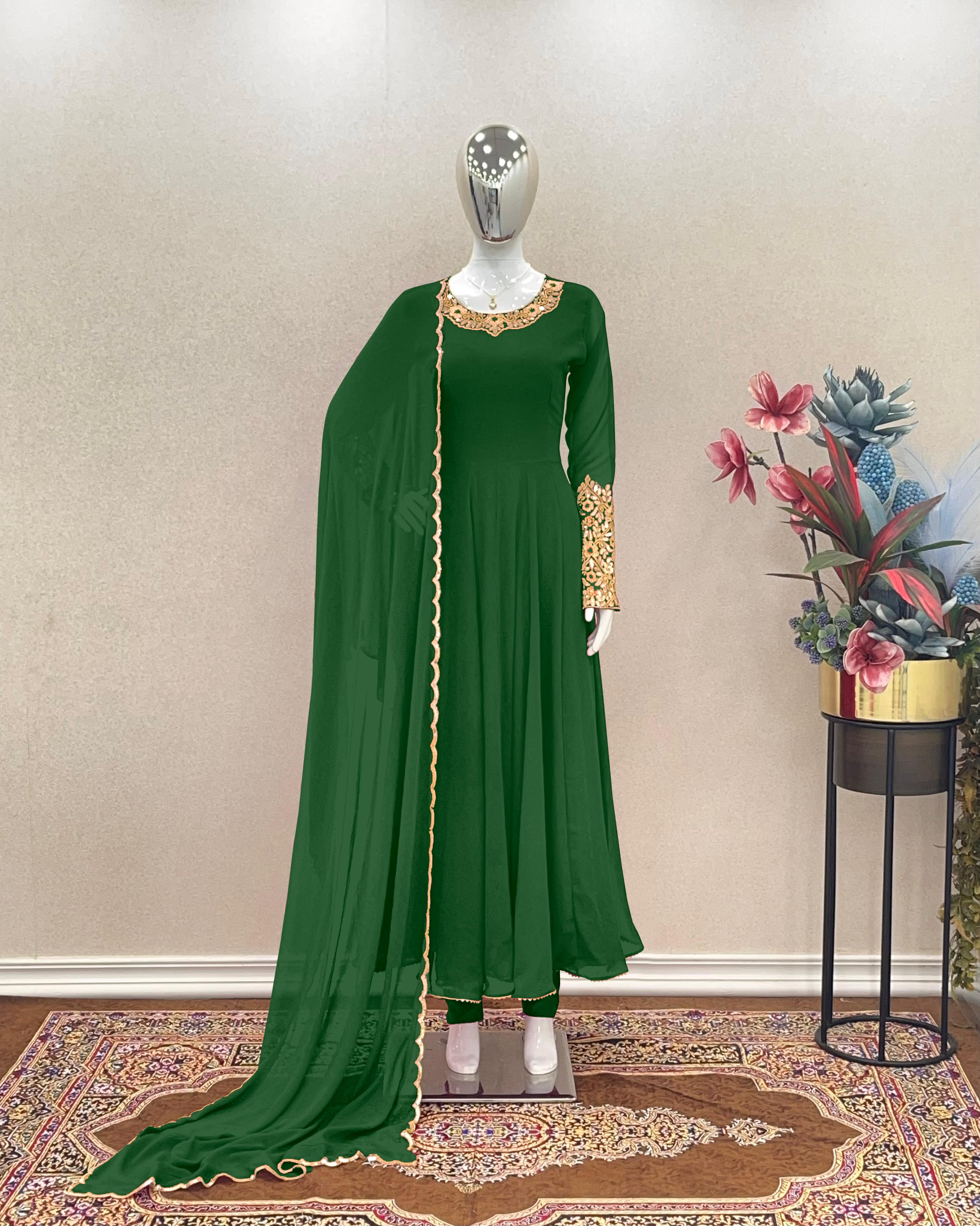 Plain Green Color Sleeve And Neck Work Anarkali Suit