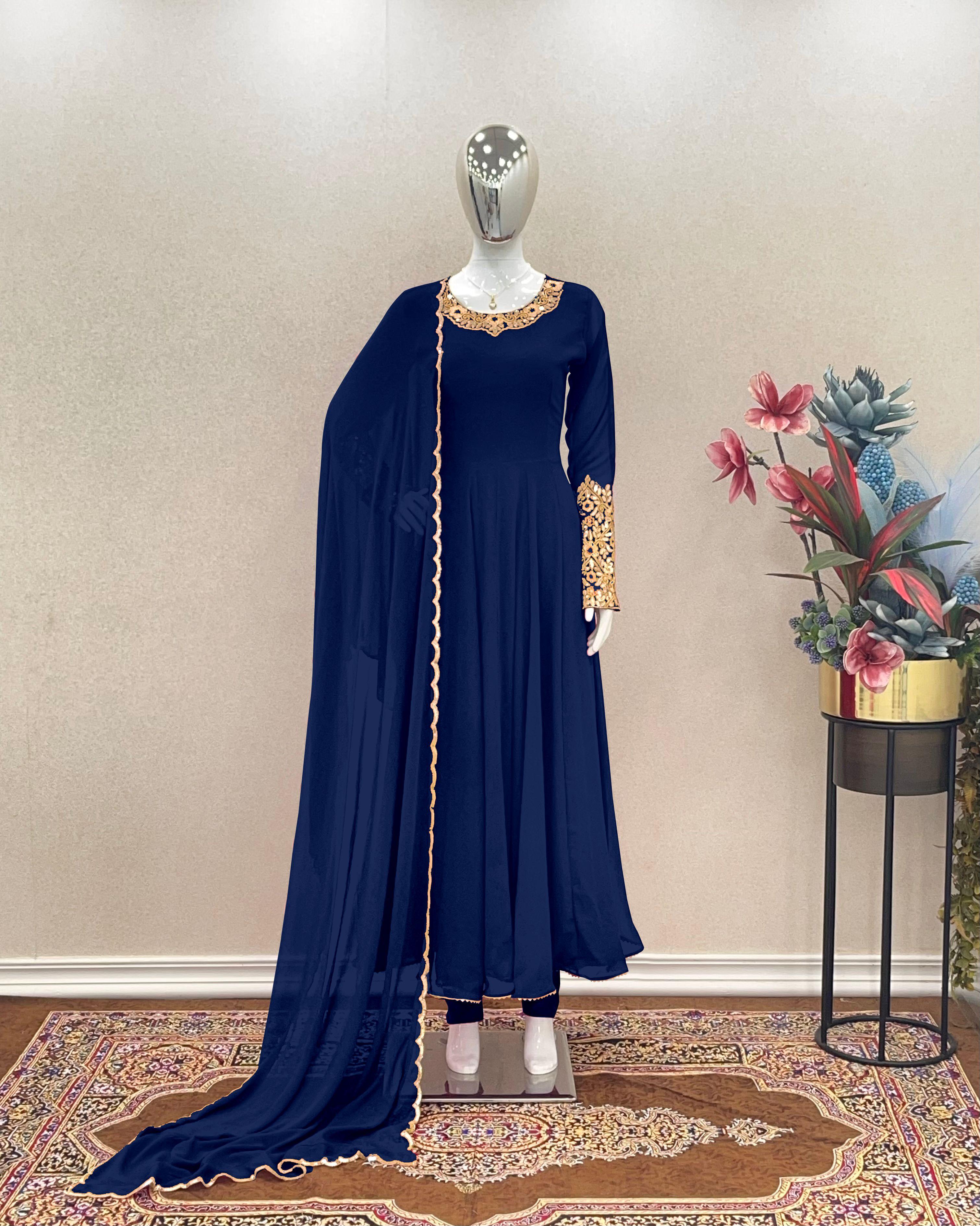 Plain Navy Blue Color Sleeve And Neck Work Anarkali Suit