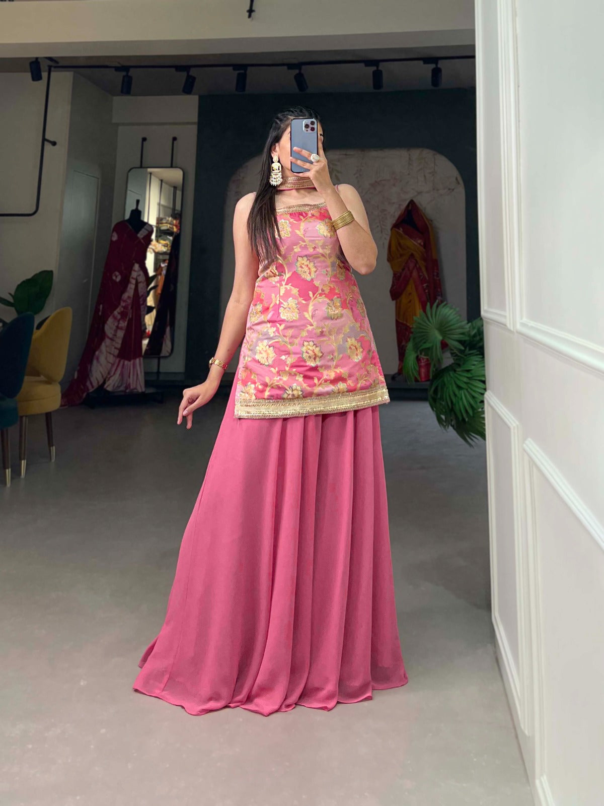 Party Wear Printed Work Pink Top With Plain Lehenga