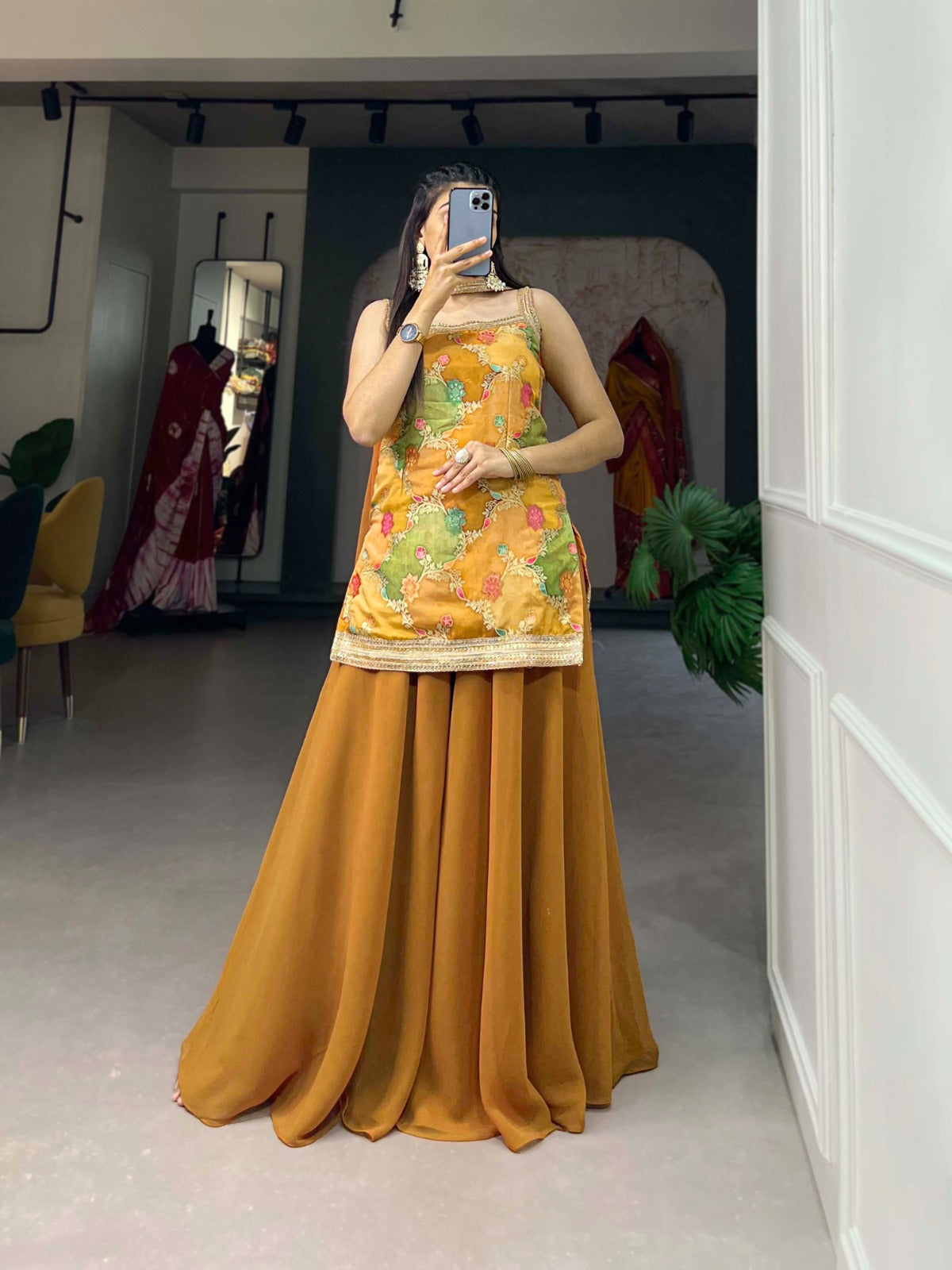 Party Wear Printed Work Yellow Top With Plain Lehenga