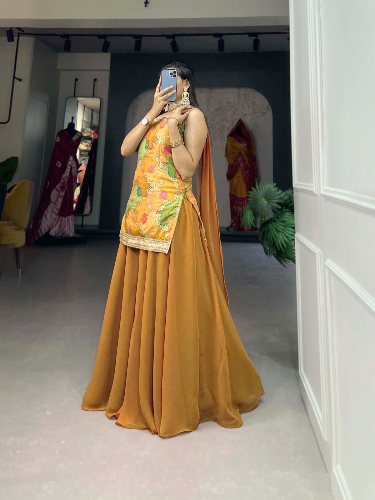 Party Wear Printed Work Yellow Top With Plain Lehenga