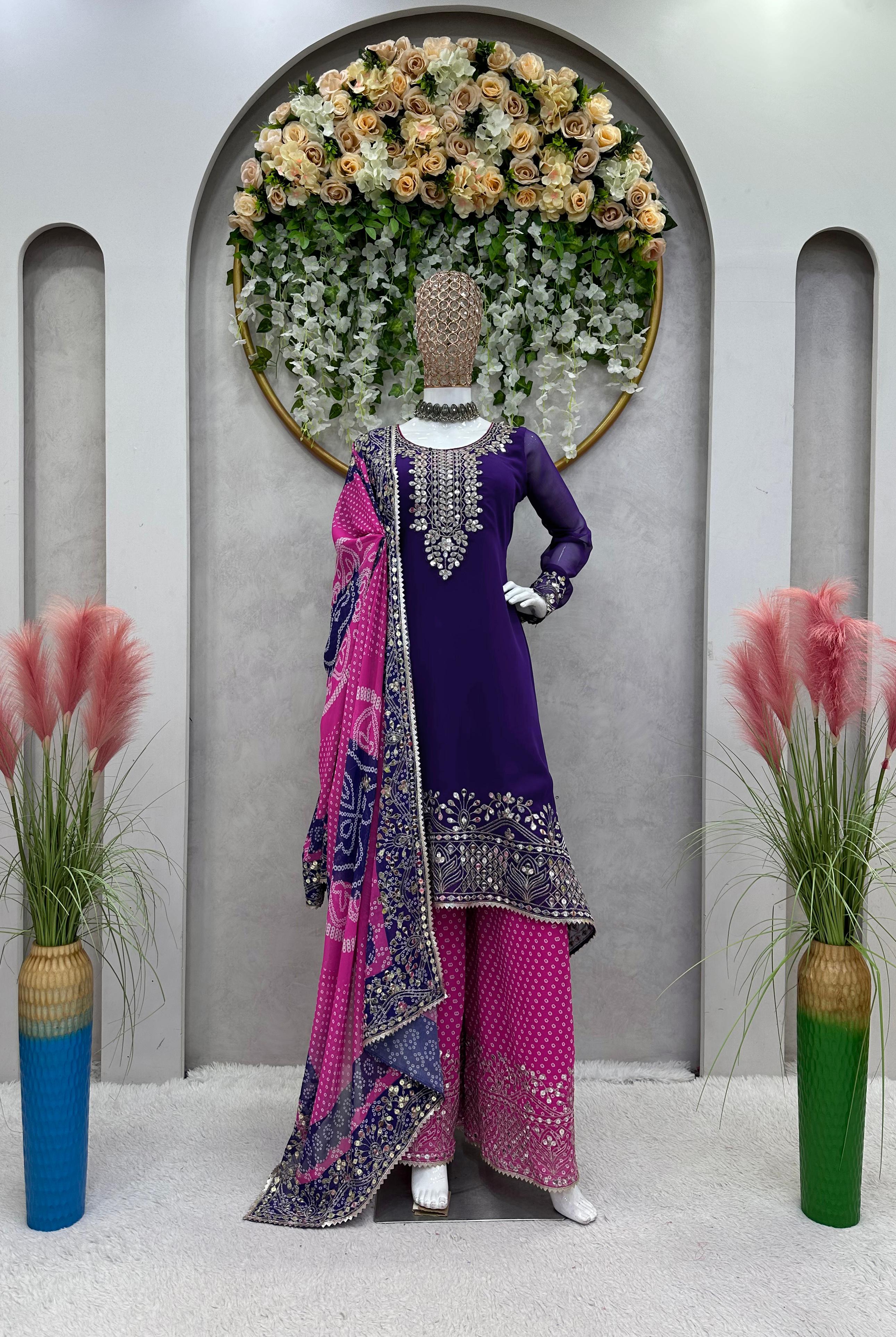 Festive Wear Purple Top With Bandhani Printed Pink Sharara Suit