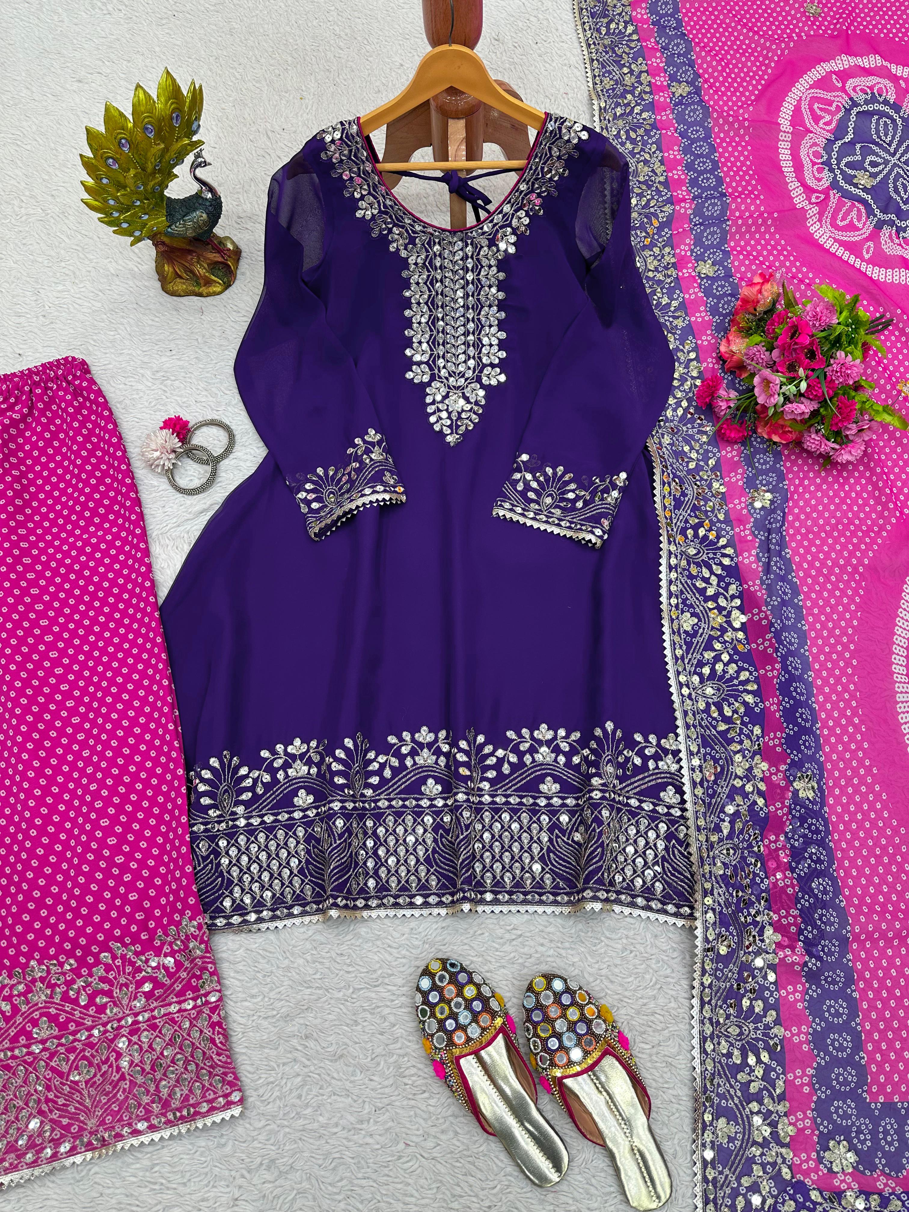 Festive Wear Purple Top With Bandhani Printed Pink Sharara Suit