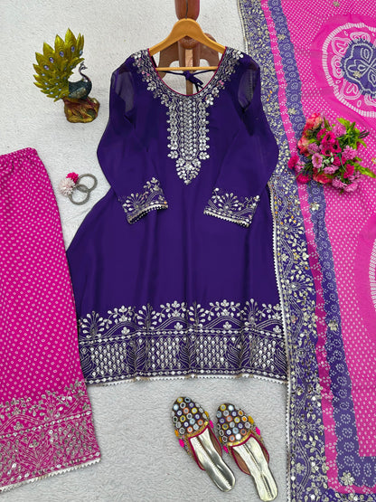 Festive Wear Purple Top With Bandhani Printed Pink Sharara Suit