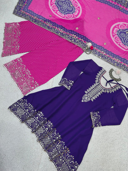 Festive Wear Purple Top With Bandhani Printed Pink Sharara Suit