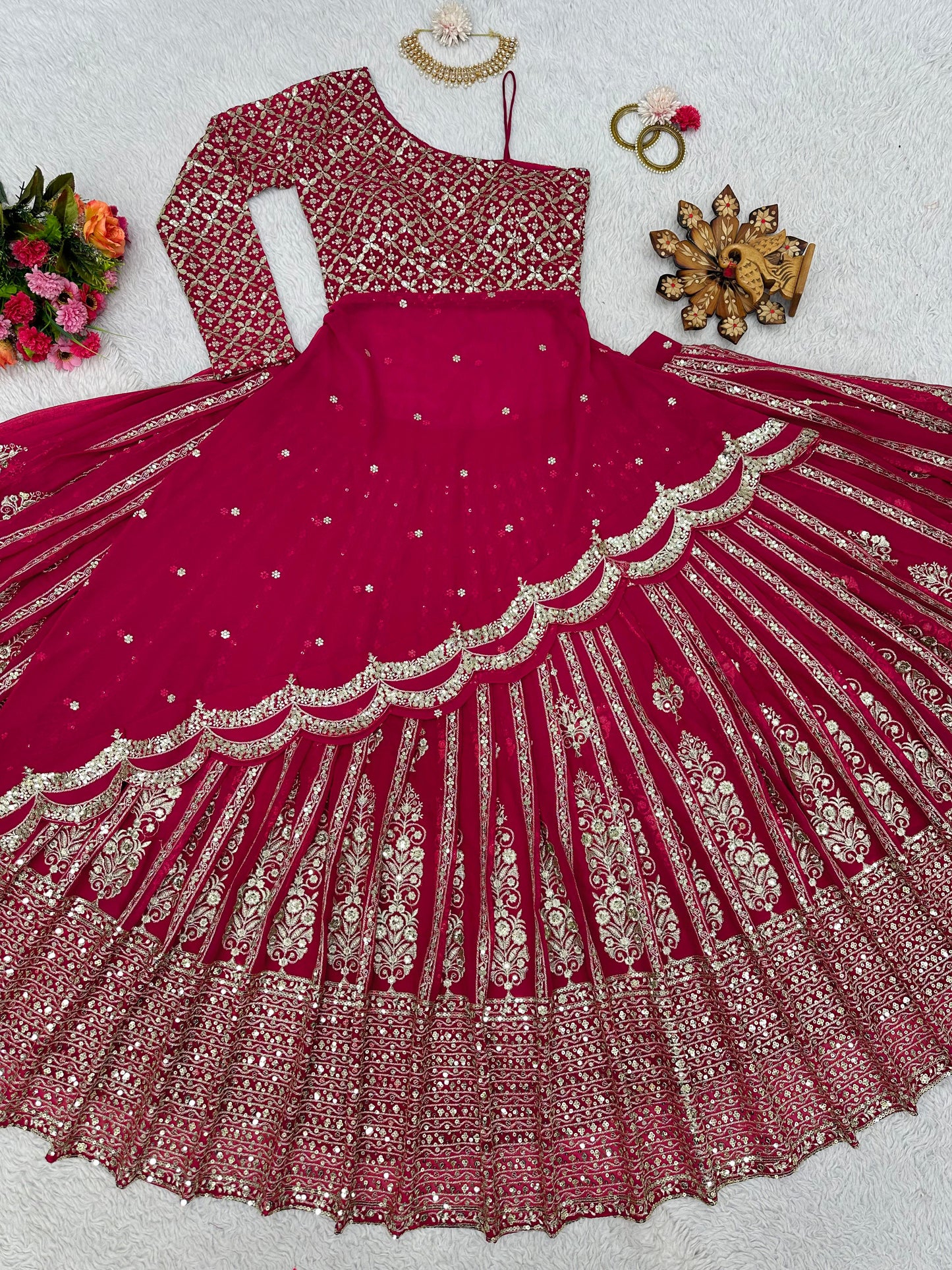 One Shoulder Stylish Golden Sequence Work Pink Top With Lehenga