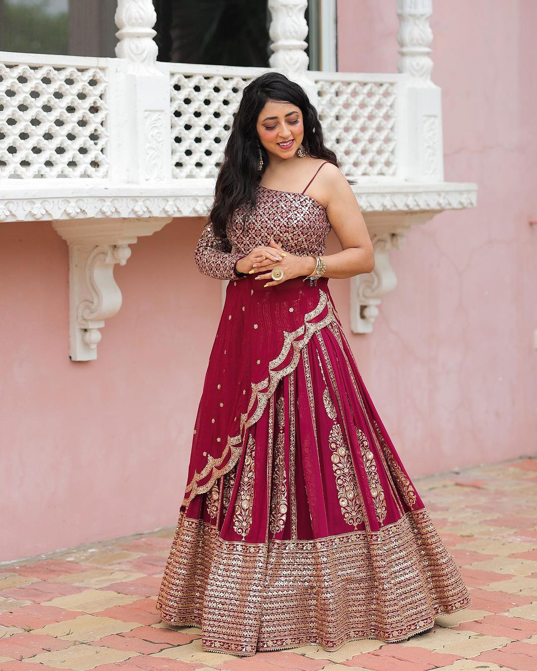 One Shoulder Stylish Golden Sequence Work Pink Top With Lehenga