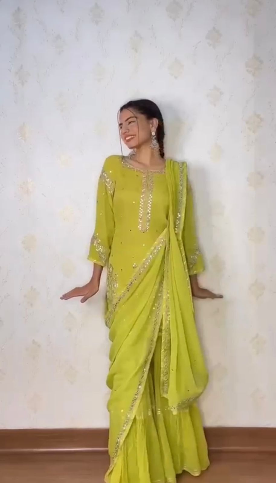 Shining Work Parrot Green Georgette Sharara Suit