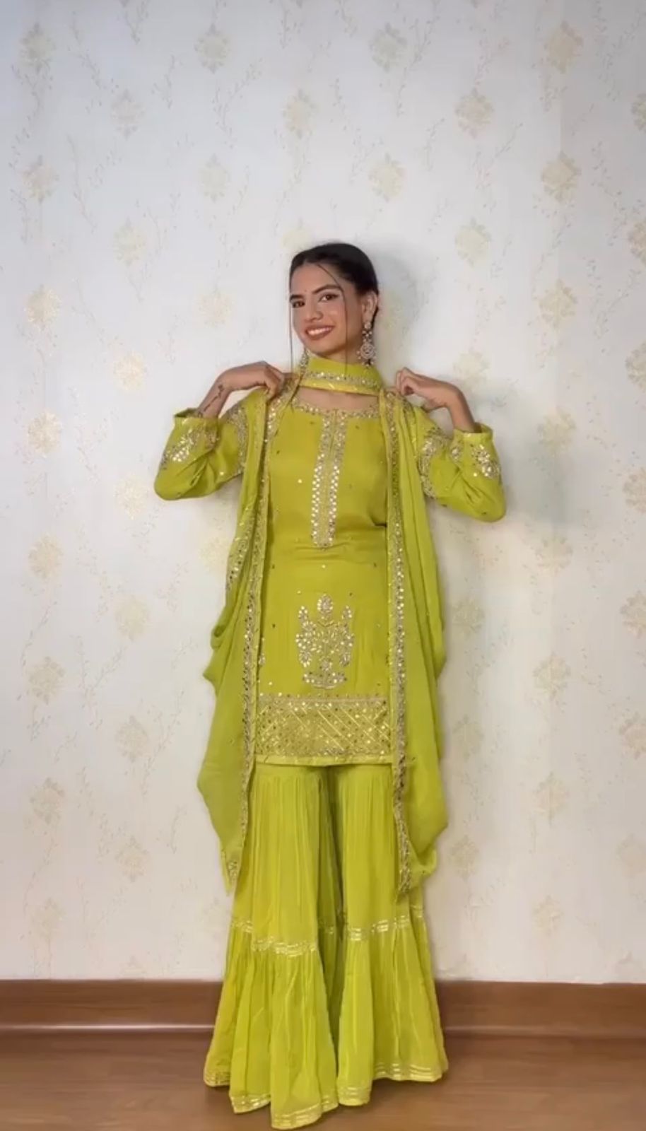 Shining Work Parrot Green Georgette Sharara Suit