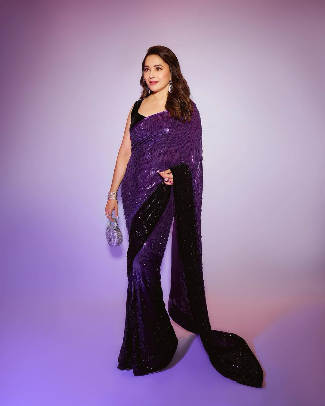 Madhuri Dixit Wear Full Sequence Work Purple With Black Double Tone Saree