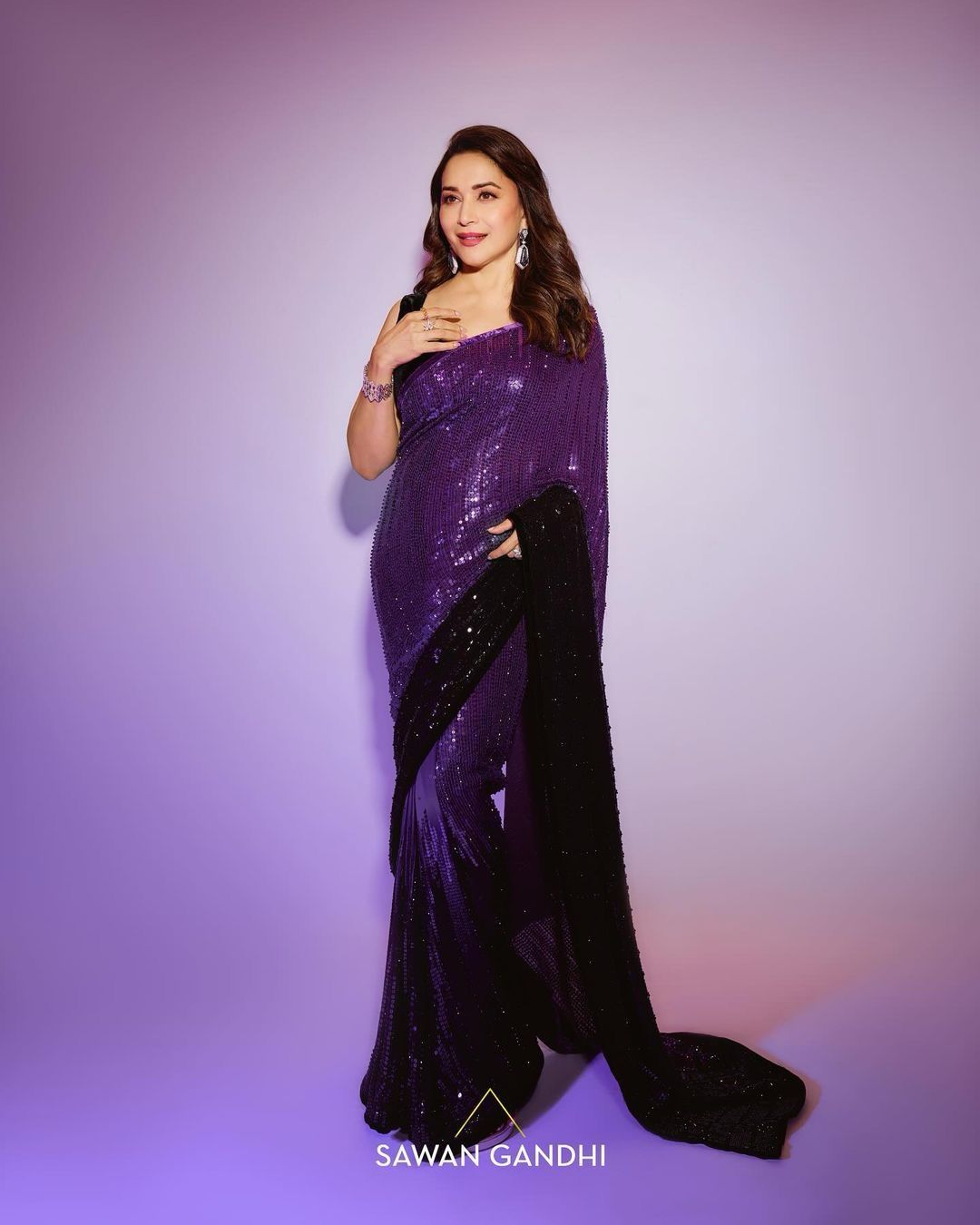 Madhuri Dixit Wear Full Sequence Work Purple With Black Double Tone Saree