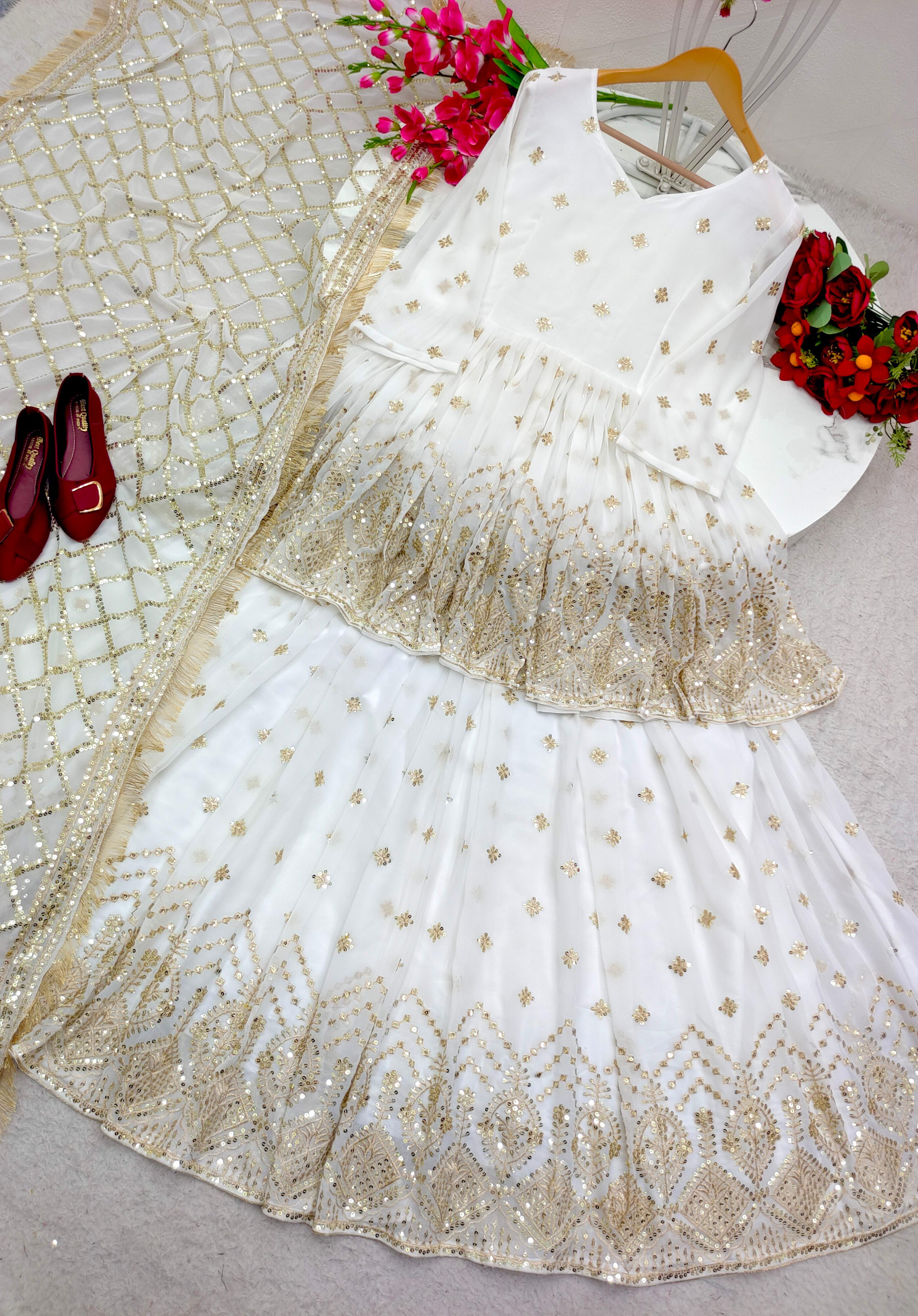 White Exotic Embroidery Sequence Work Lehenga With Kediyu