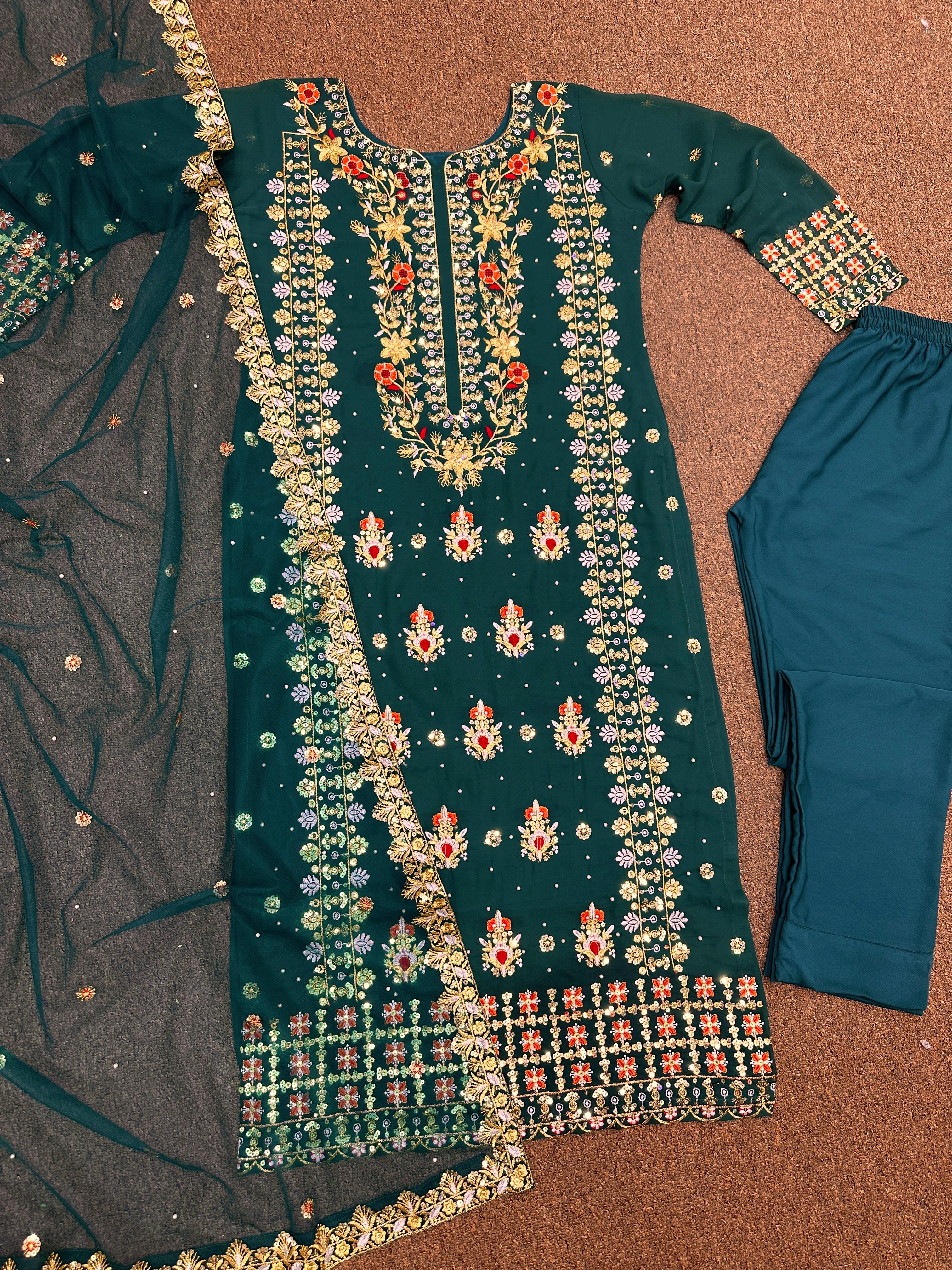 Pakistani Style Teal Blue Heavy Sequence Work Salwar Suit