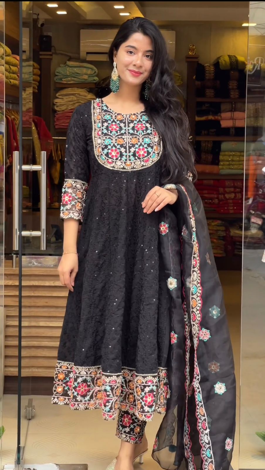 Multi Thread Work Marvelous Black Color Anarkali Gown