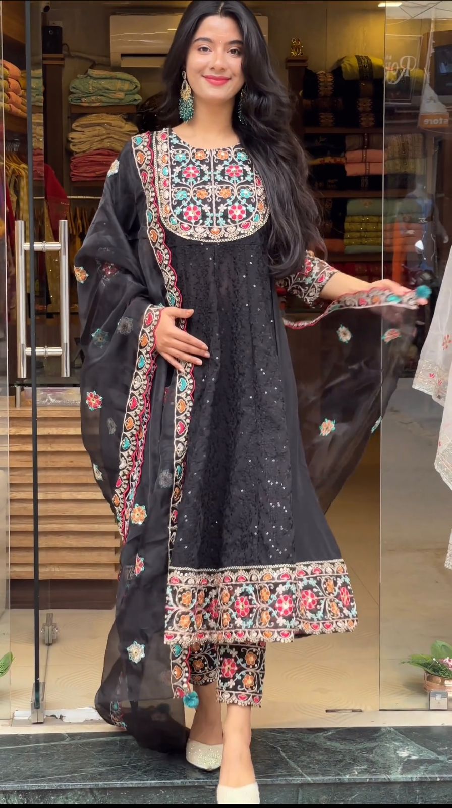 Multi Thread Work Marvelous Black Color Anarkali Gown