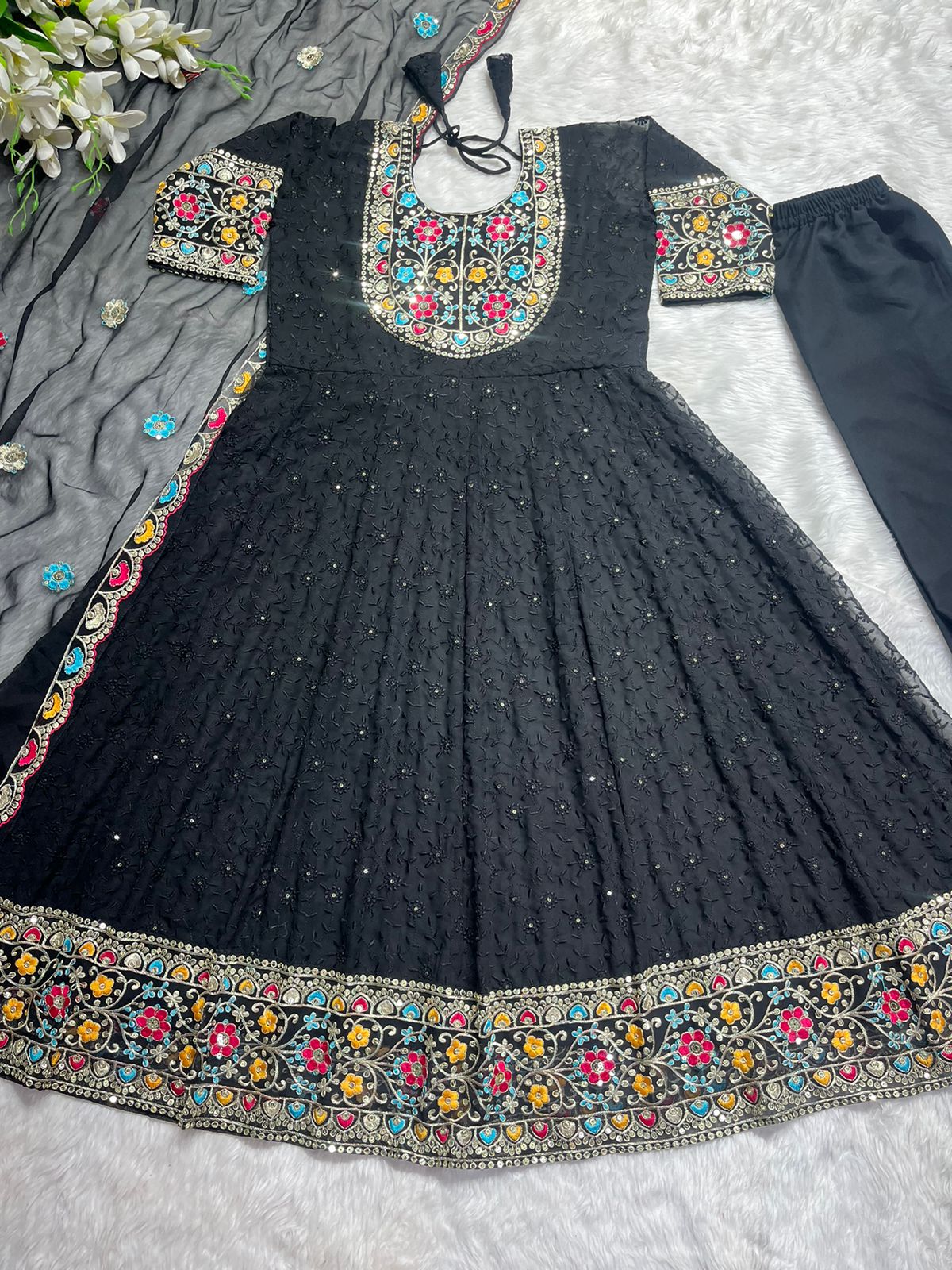 Multi Thread Work Marvelous Black Color Anarkali Gown