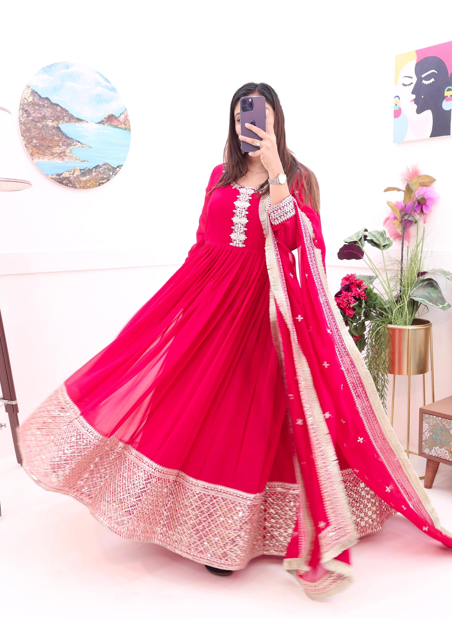 Beautiful Heavy Border Pink Color Long Gown