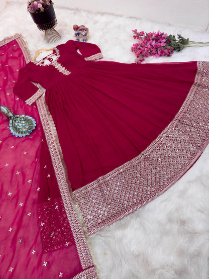 Beautiful Heavy Border Pink Color Long Gown