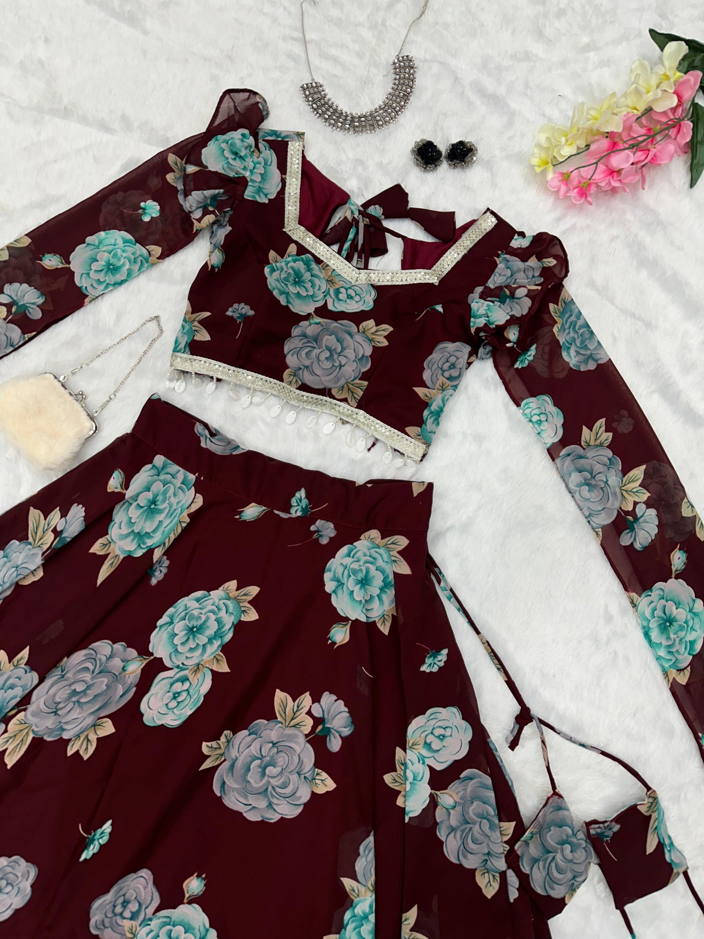 Fancy Sleeves Pattern Flower Print Maroon Lehenga Choli