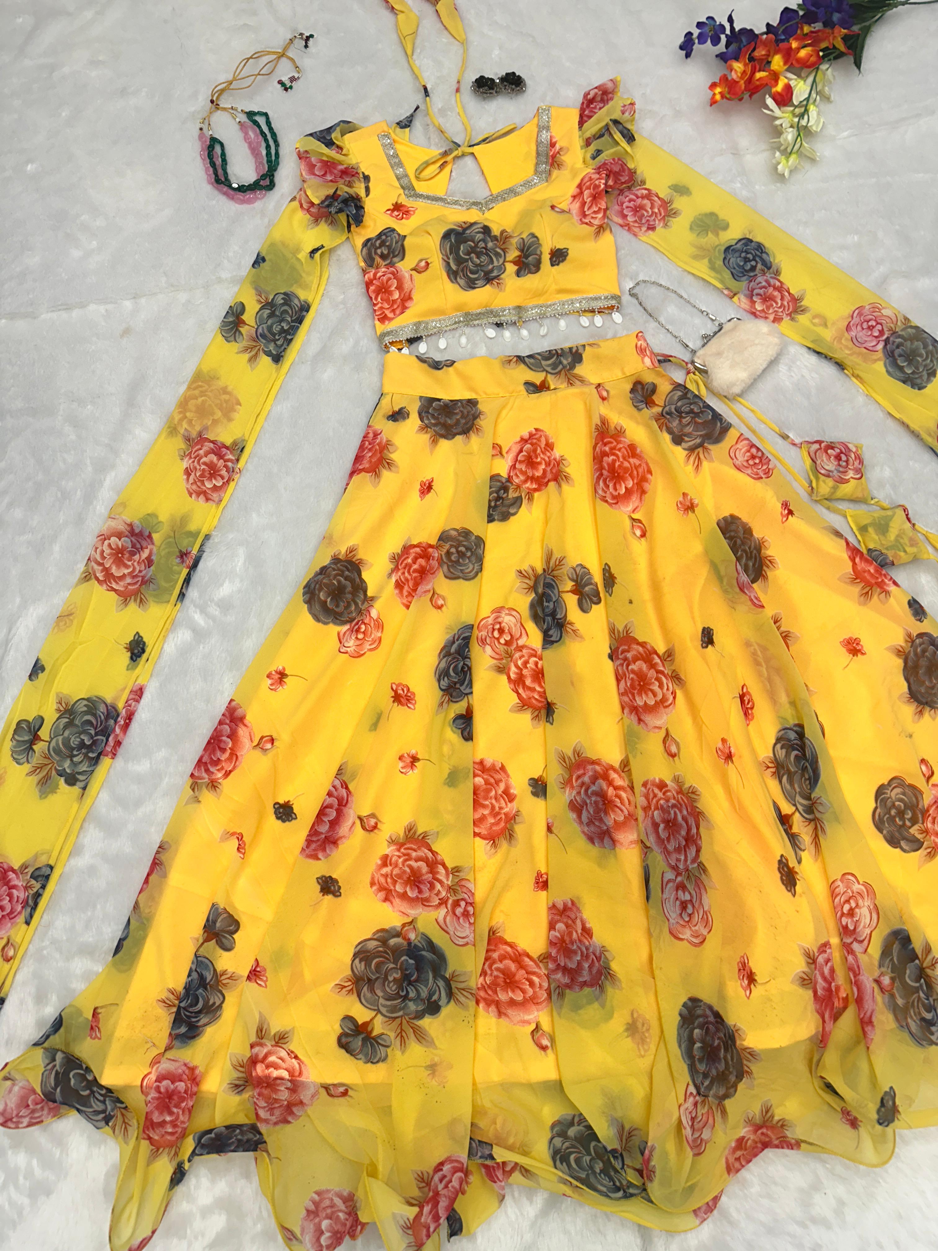 Fancy Sleeves Pattern Flower Print Yellow Lehenga Choli