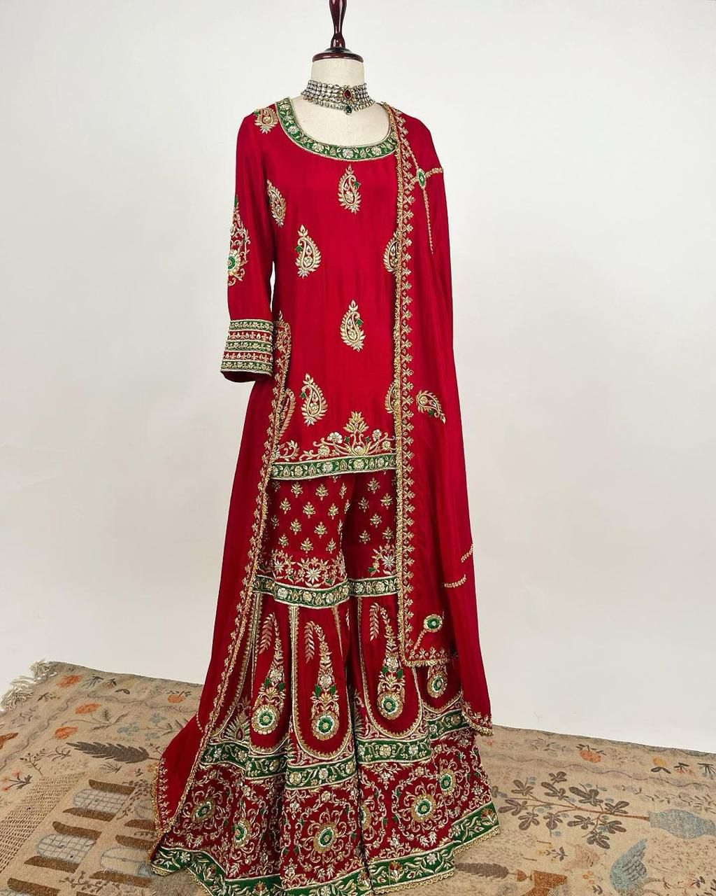 Graceful Red Color Thread Sequence Work Sharara Suit