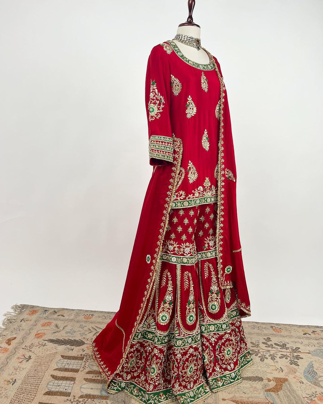 Graceful Red Color Thread Sequence Work Sharara Suit