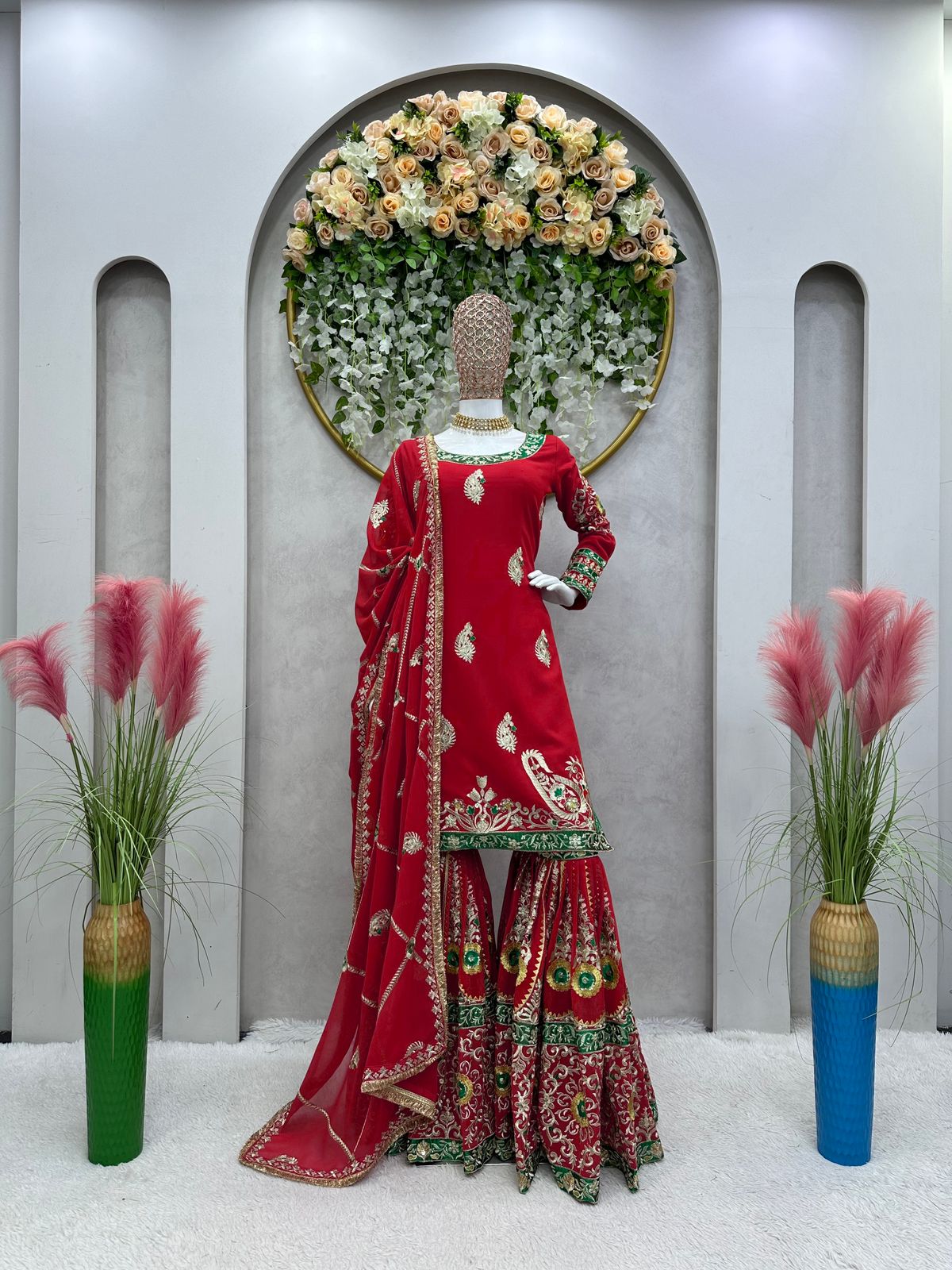 Graceful Red Color Thread Sequence Work Sharara Suit