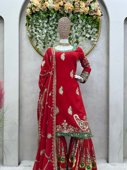 Graceful Red Color Thread Sequence Work Sharara Suit