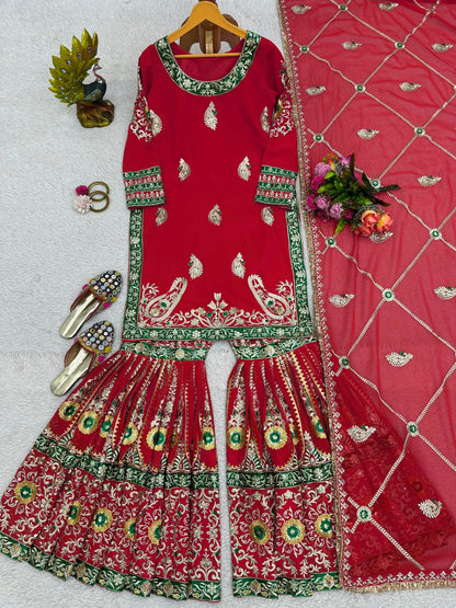 Graceful Red Color Thread Sequence Work Sharara Suit