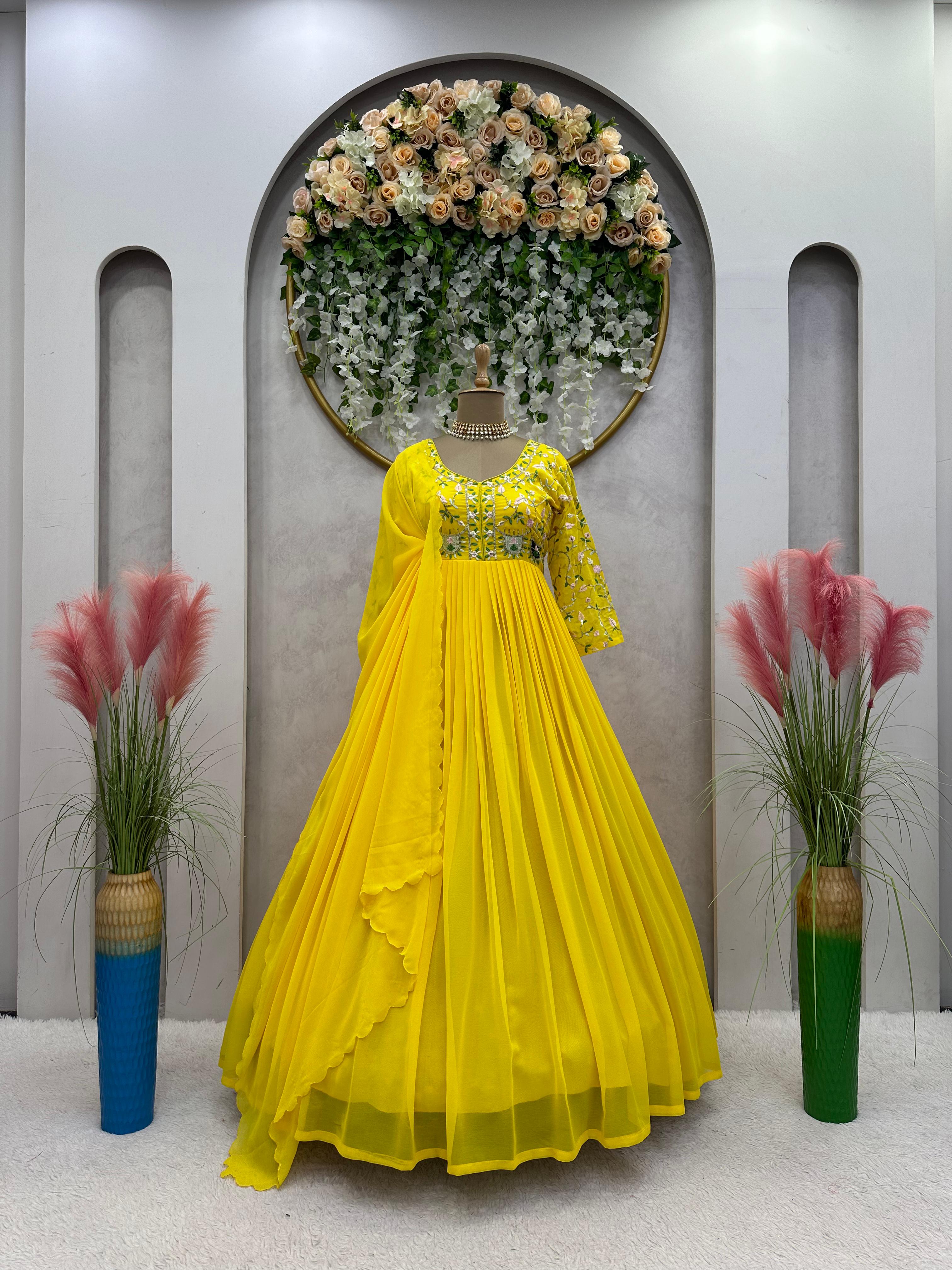 Yellow Color Thread With Sequence Work Long Gown