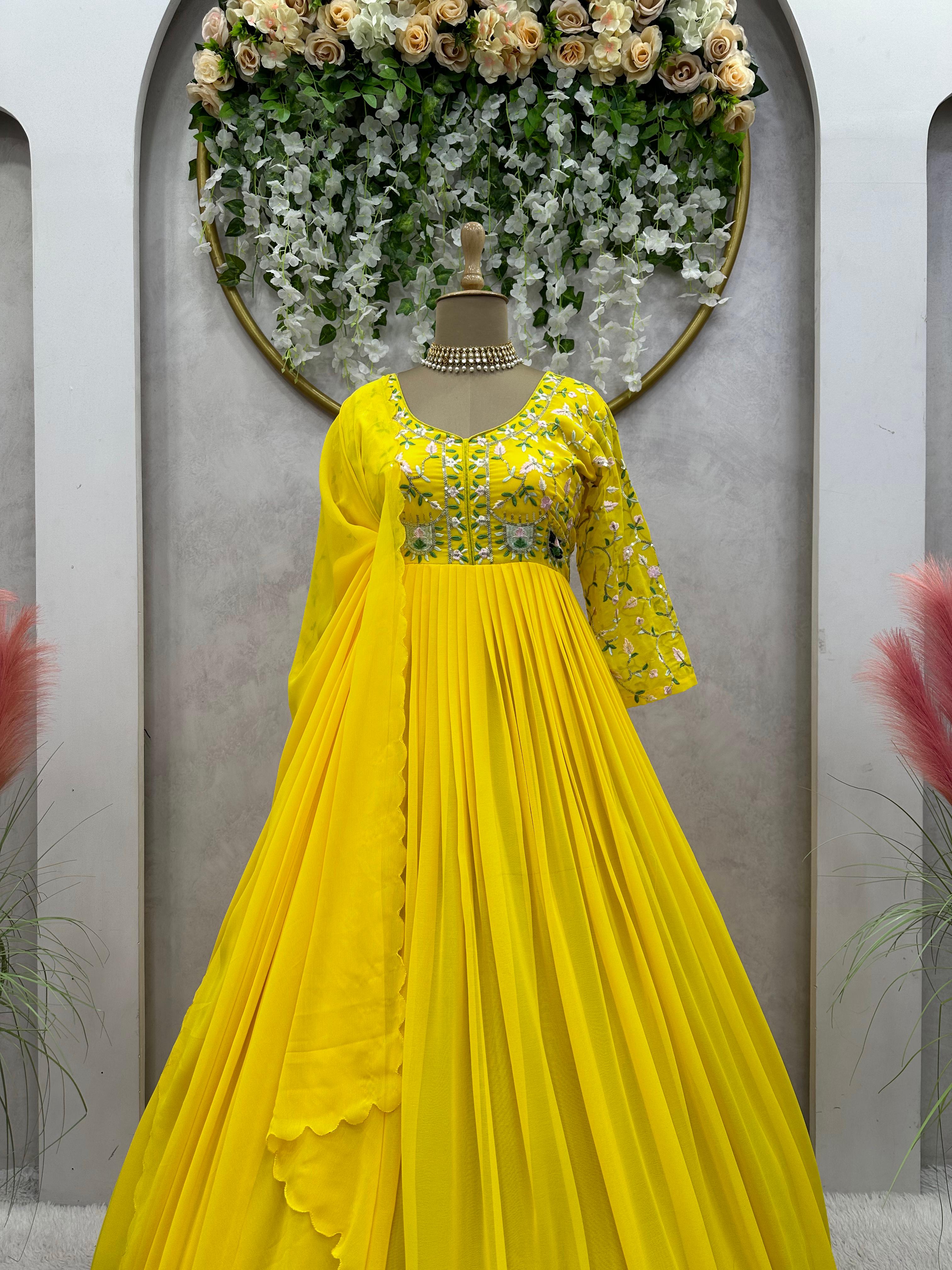 Yellow Color Thread With Sequence Work Long Gown