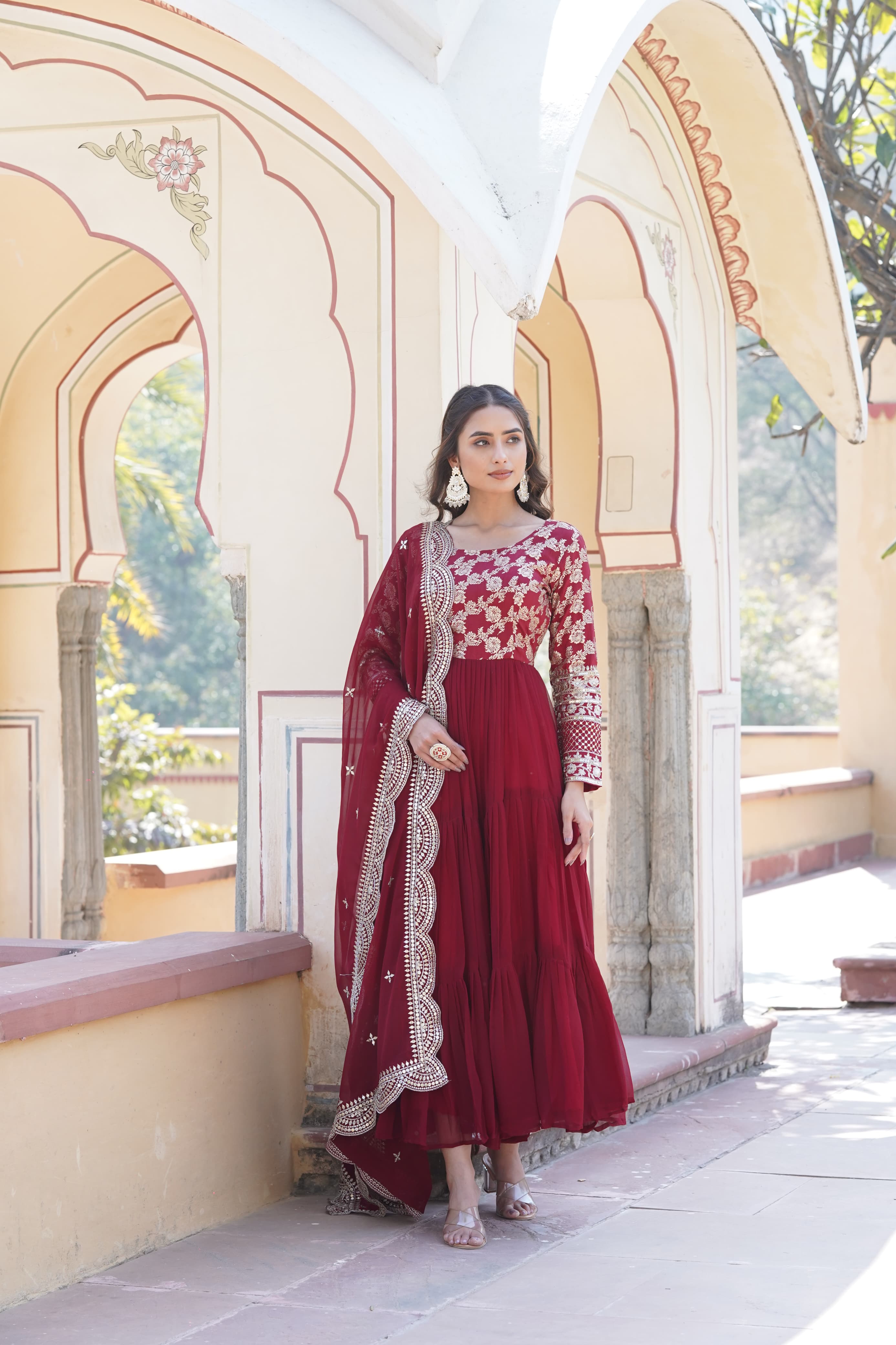 Innovative Maroon Color Jacquard Embroidered Work Gown