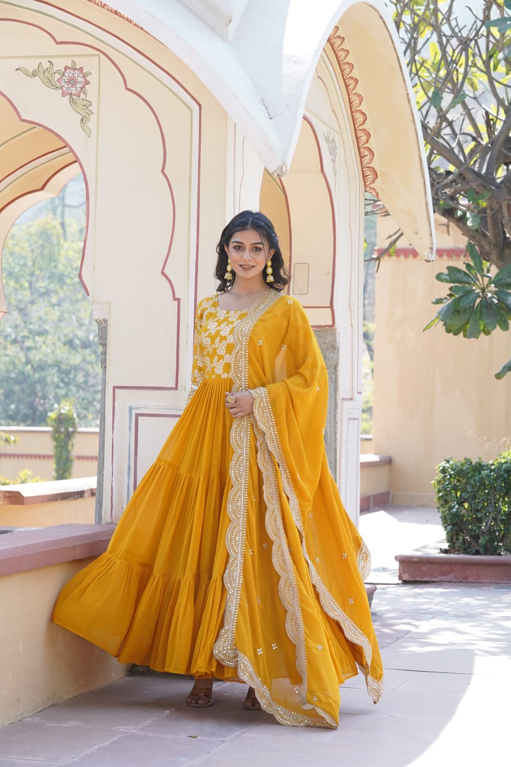 Innovative Yellow Color Jacquard Embroidered Work Gown