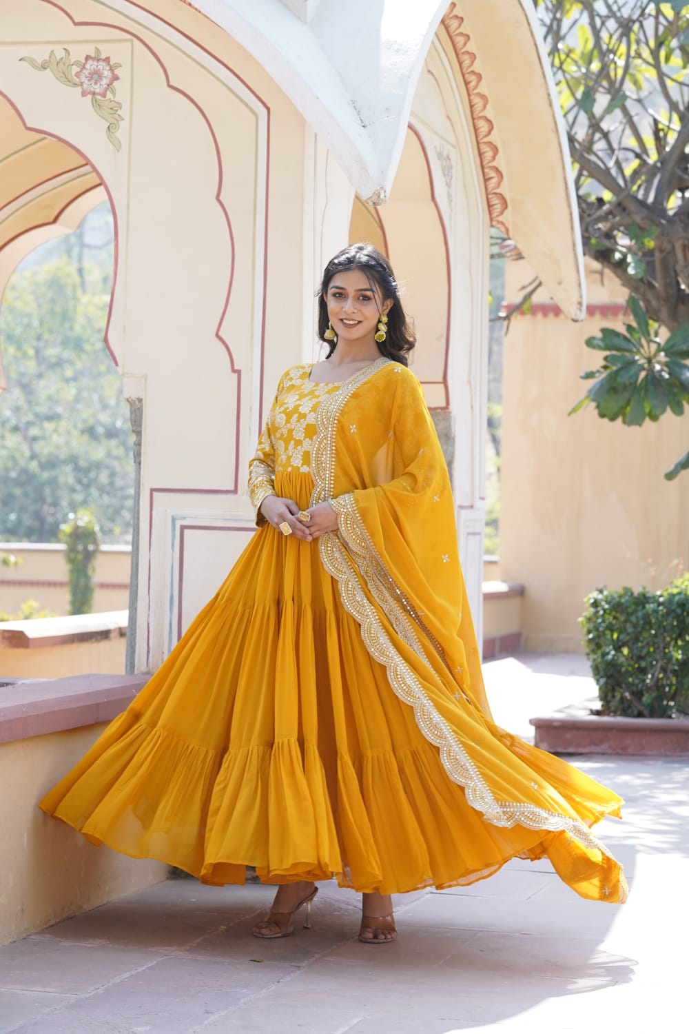 Innovative Yellow Color Jacquard Embroidered Work Gown