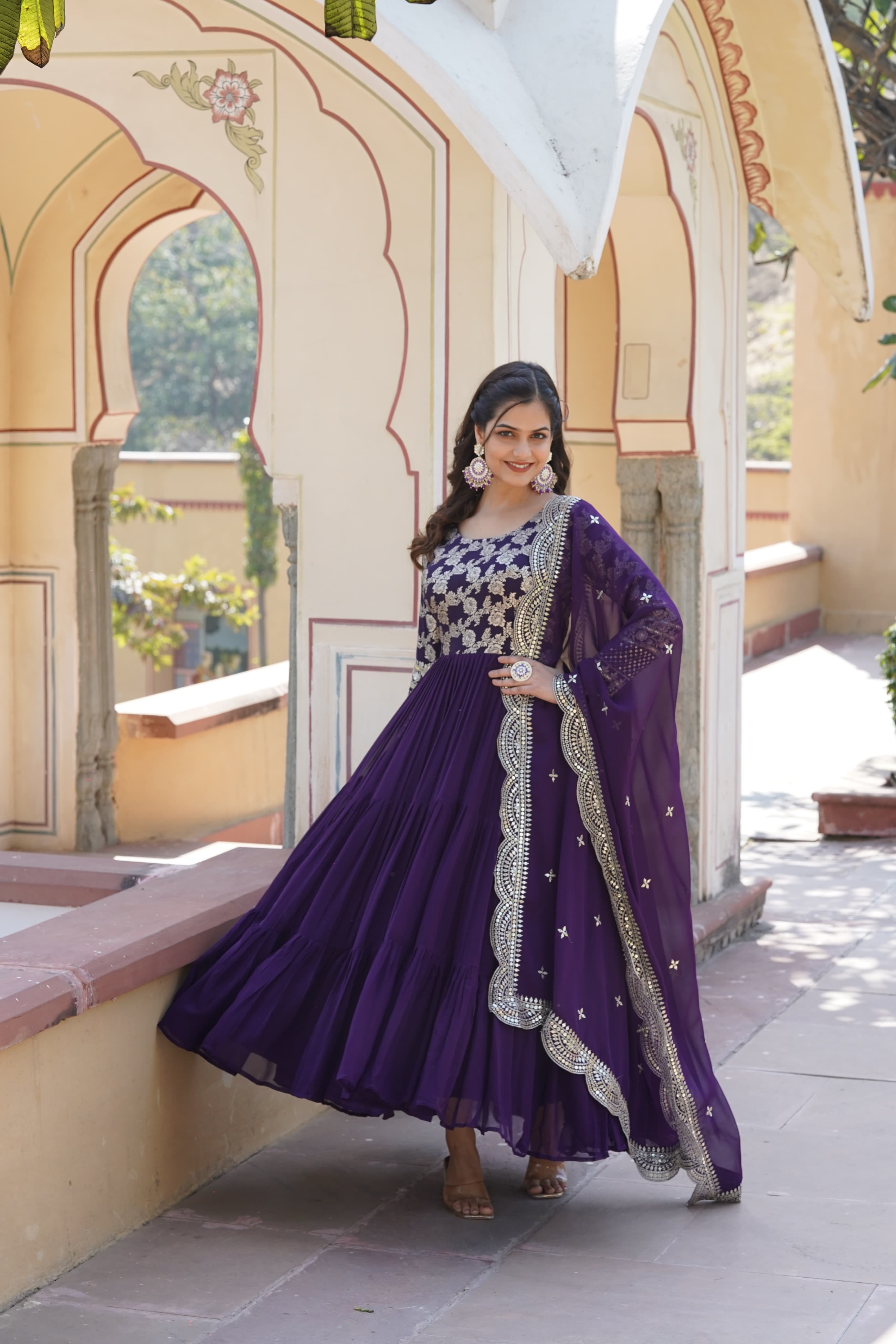 Innovative Purple Color Jacquard Embroidered Work Gown