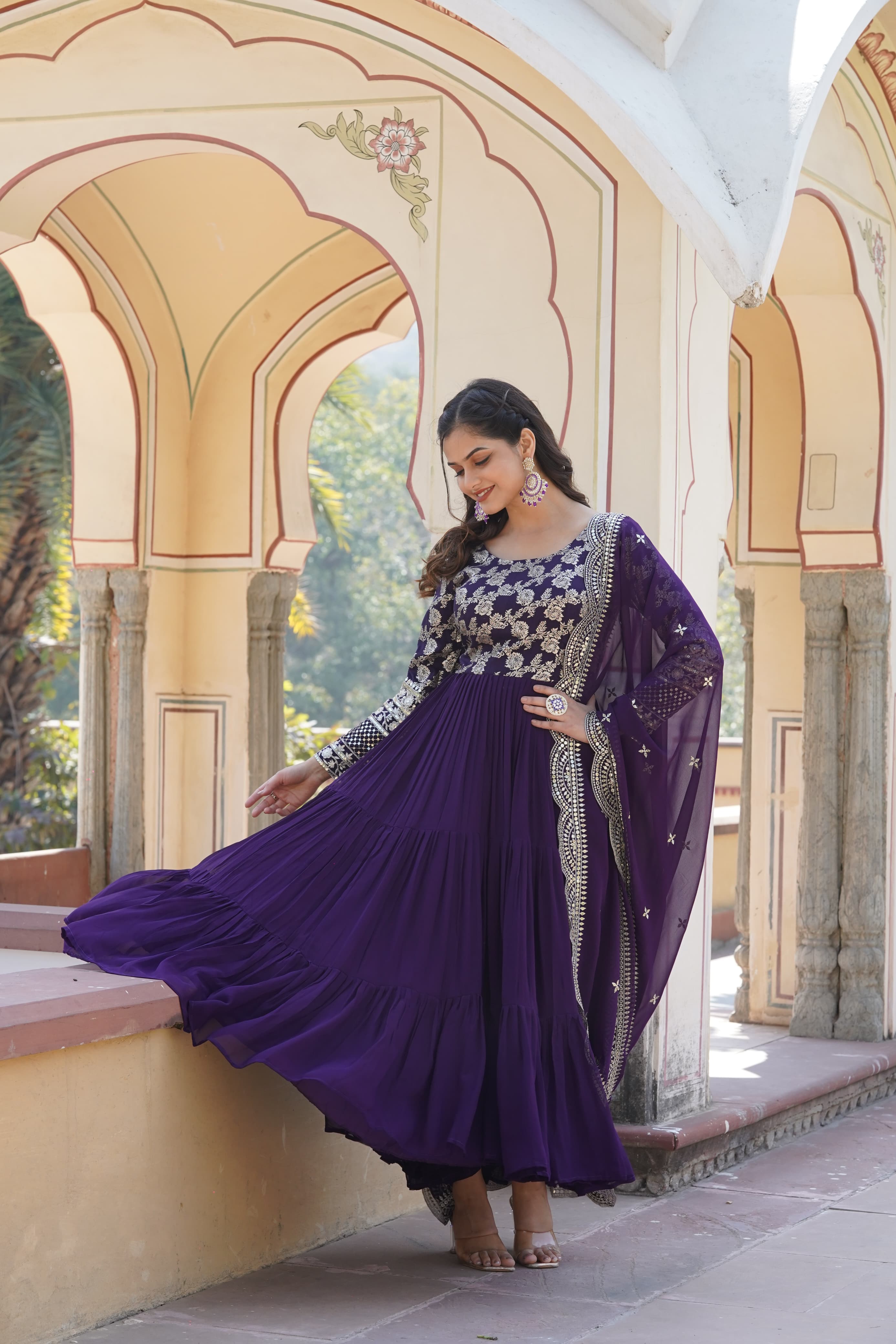 Innovative Purple Color Jacquard Embroidered Work Gown